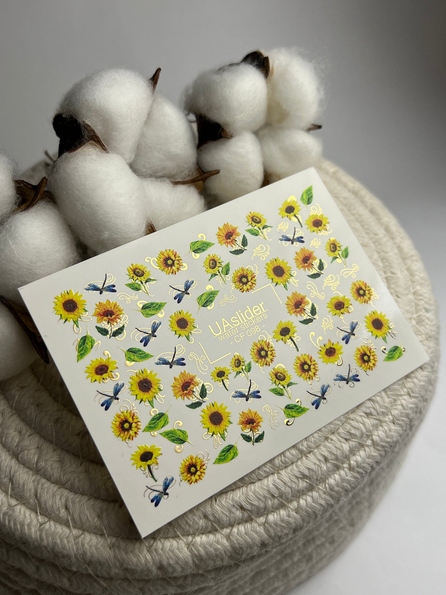 Nail Water Decal CF-098 | Sunflower Nail Stickers with Dragonflies | Yellow Floral Water Slide Decals with Gold Foil