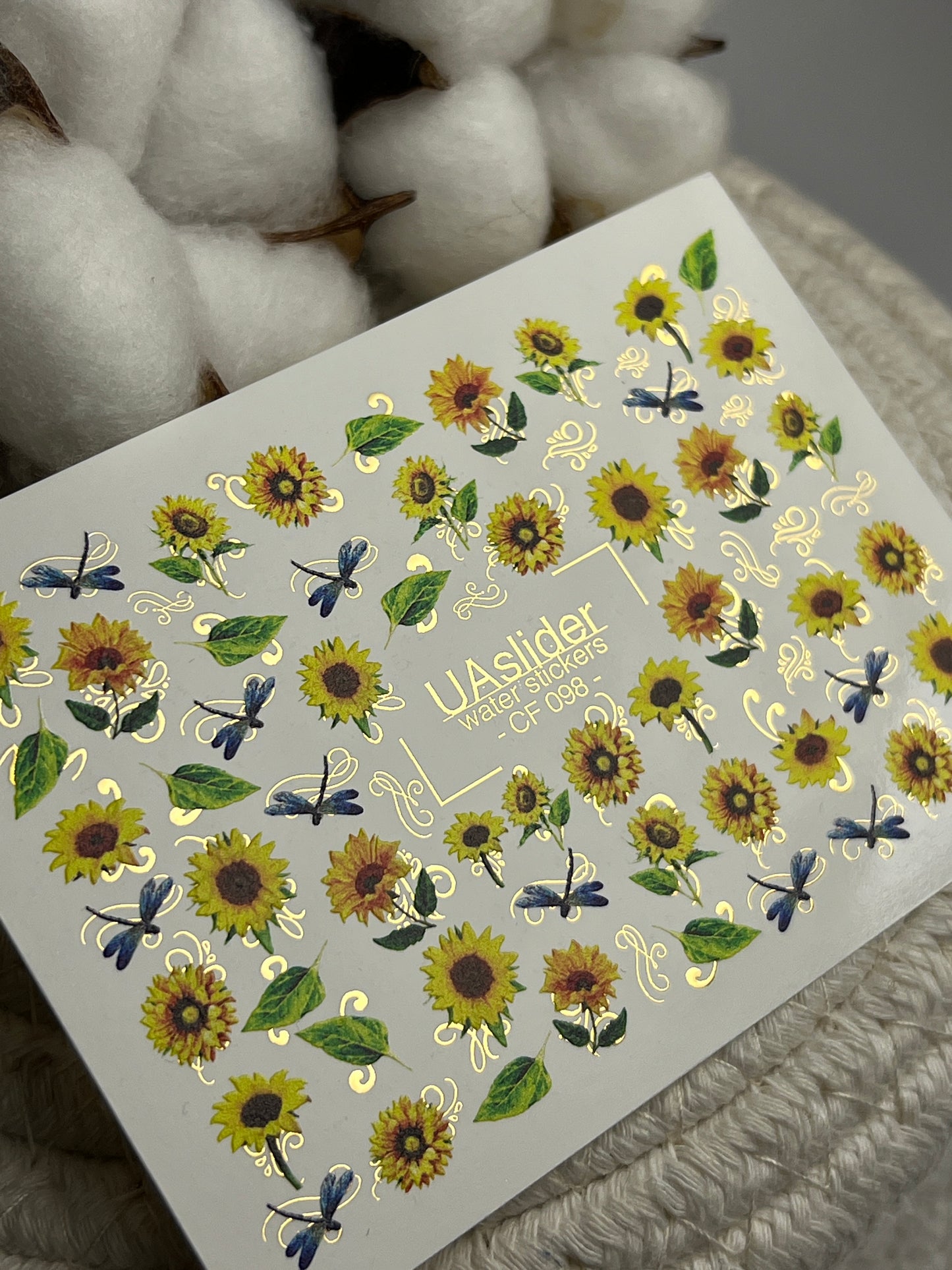 Nail Water Decal CF-098 | Sunflower Nail Stickers with Dragonflies | Yellow Floral Water Slide Decals with Gold Foil