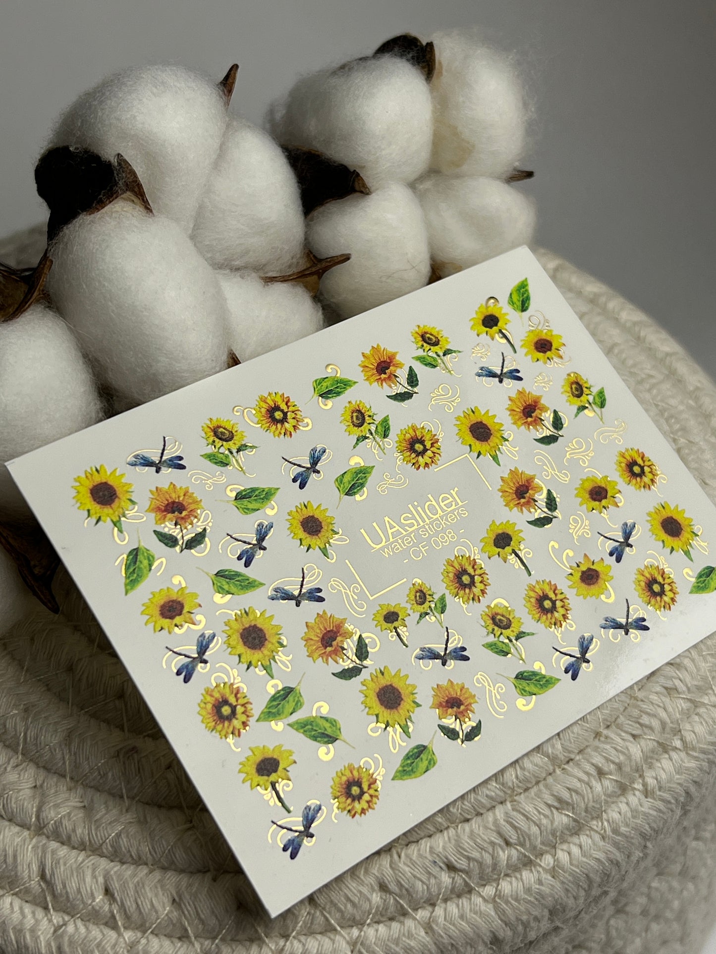 Nail Water Decal CF-098 | Sunflower Nail Stickers with Dragonflies | Yellow Floral Water Slide Decals with Gold Foil