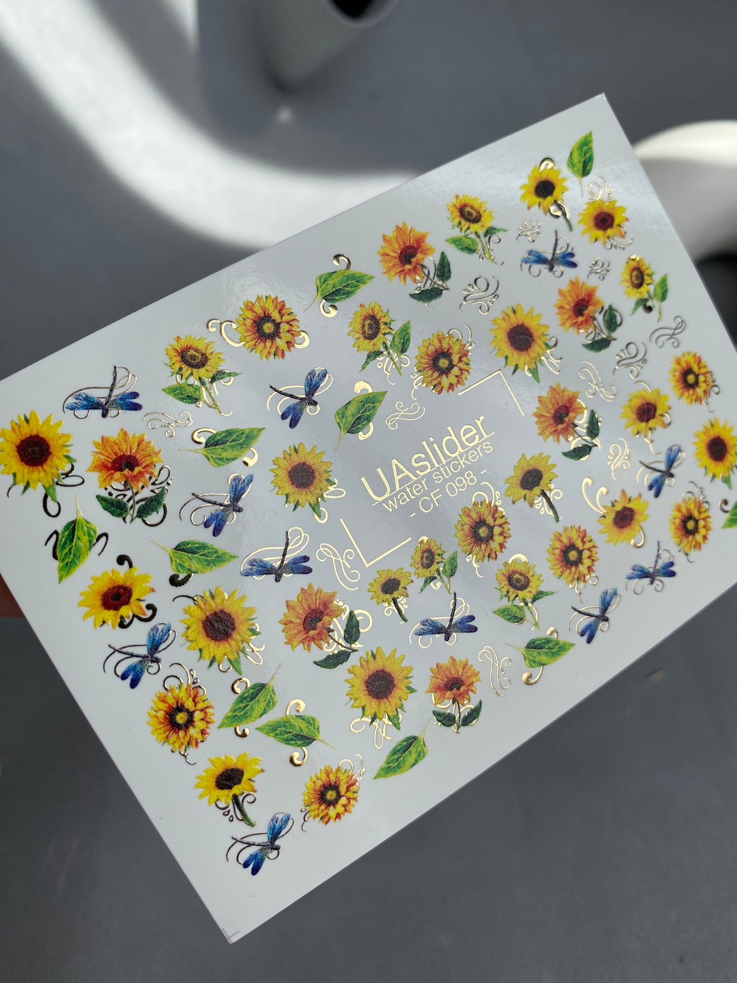 Nail Water Decal CF-098 | Sunflower Nail Stickers with Dragonflies | Yellow Floral Water Slide Decals with Gold Foil