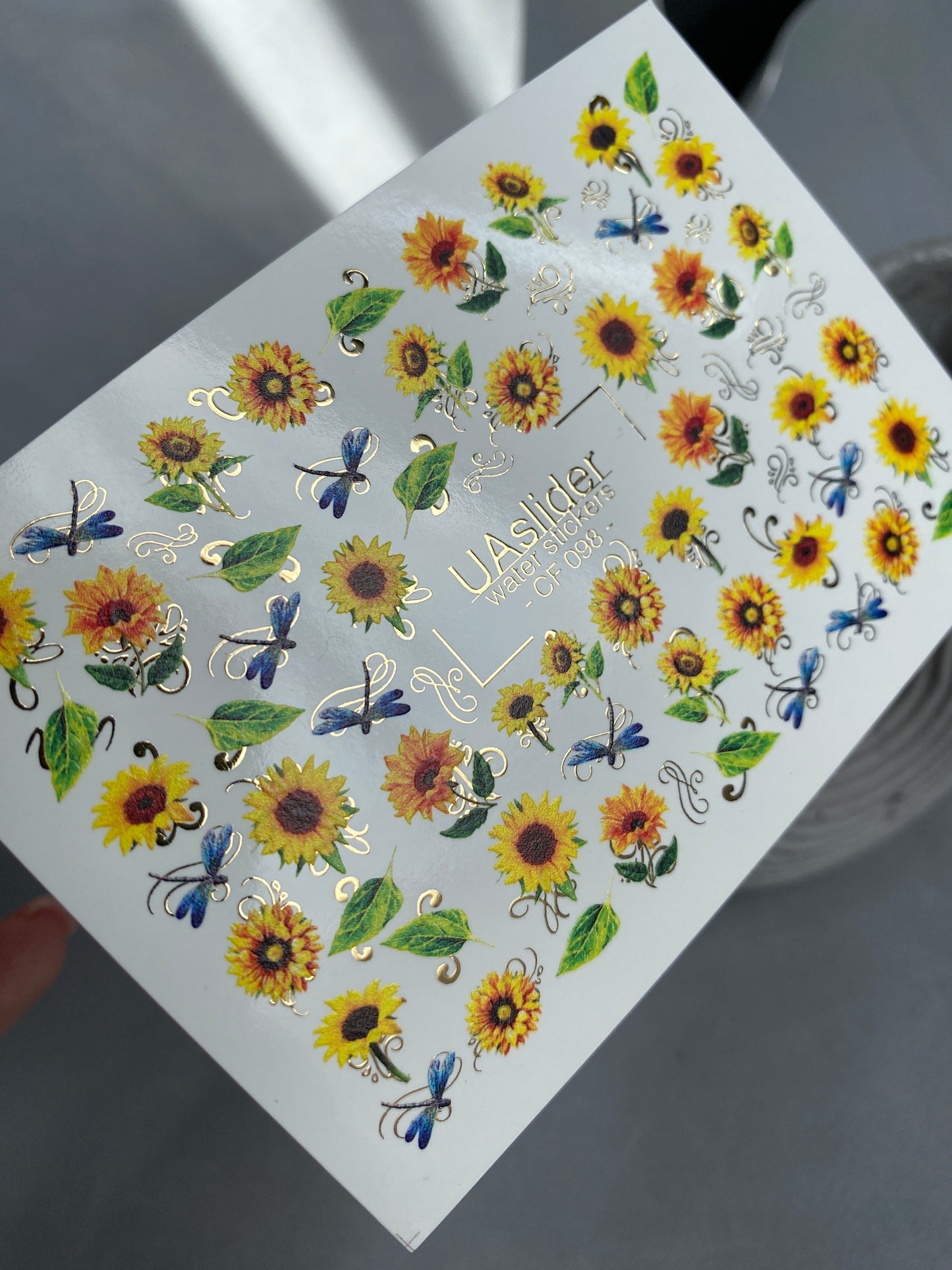 Nail Water Decal CF-098 | Sunflower Nail Stickers with Dragonflies | Yellow Floral Water Slide Decals with Gold Foil