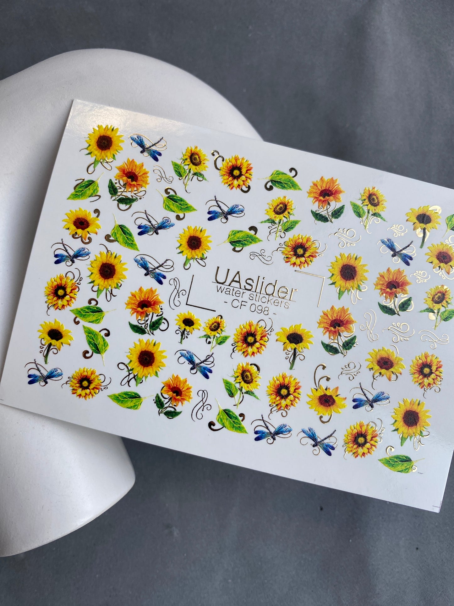 Nail Water Decal CF-098 | Sunflower Nail Stickers with Dragonflies | Yellow Floral Water Slide Decals with Gold Foil