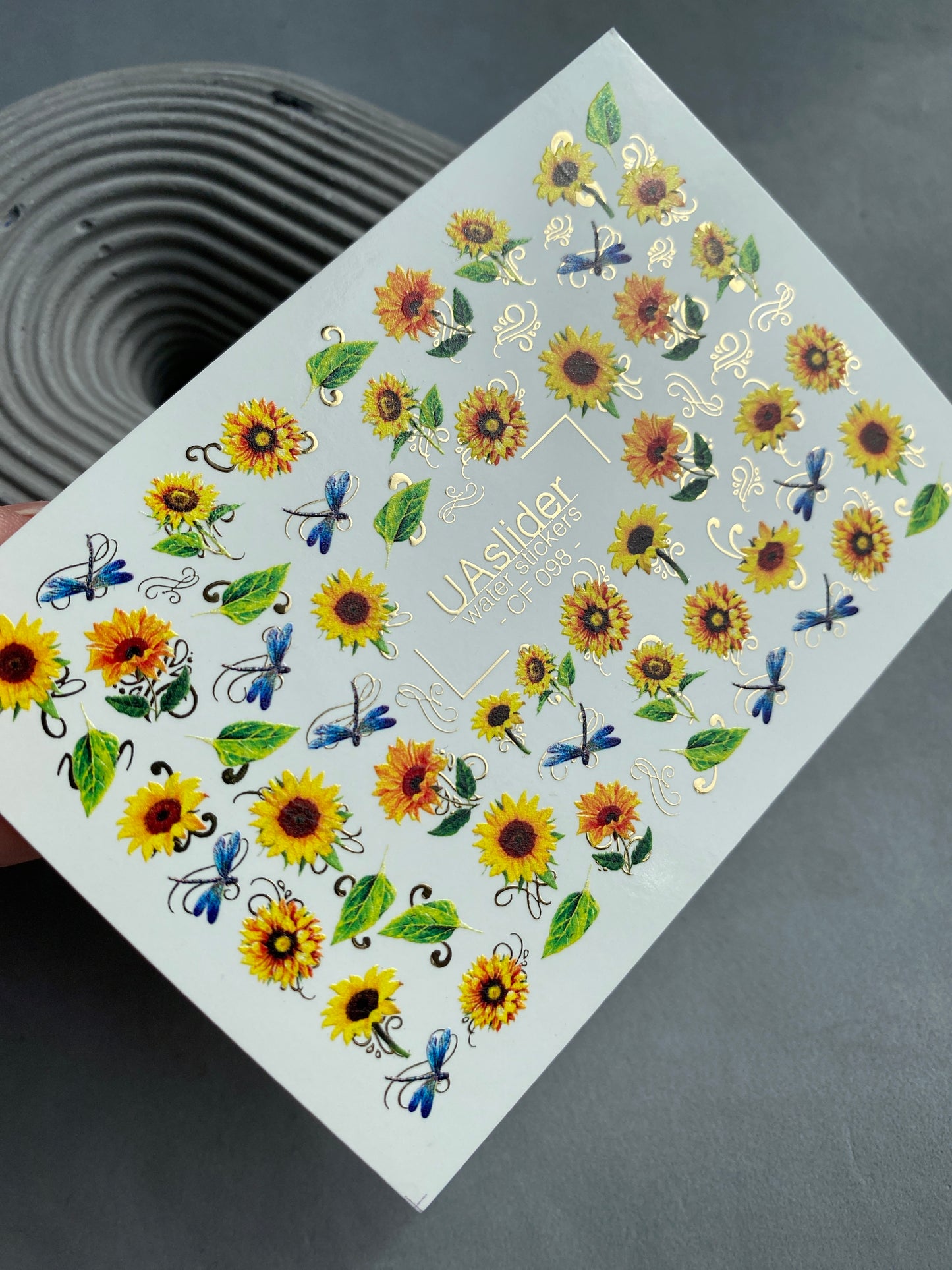 Nail Water Decal CF-098 | Sunflower Nail Stickers with Dragonflies | Yellow Floral Water Slide Decals with Gold Foil