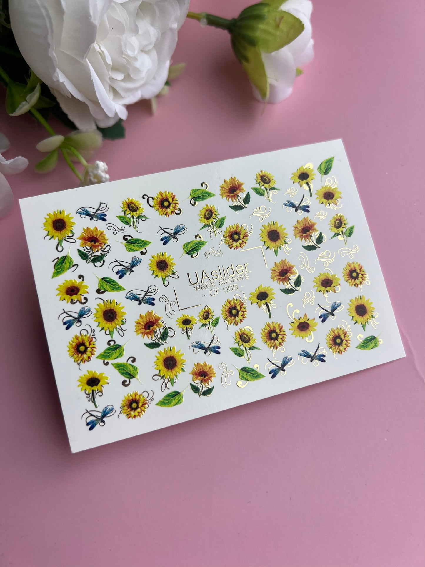 Nail Water Decal CF-098 | Sunflower Nail Stickers with Dragonflies | Yellow Floral Water Slide Decals with Gold Foil