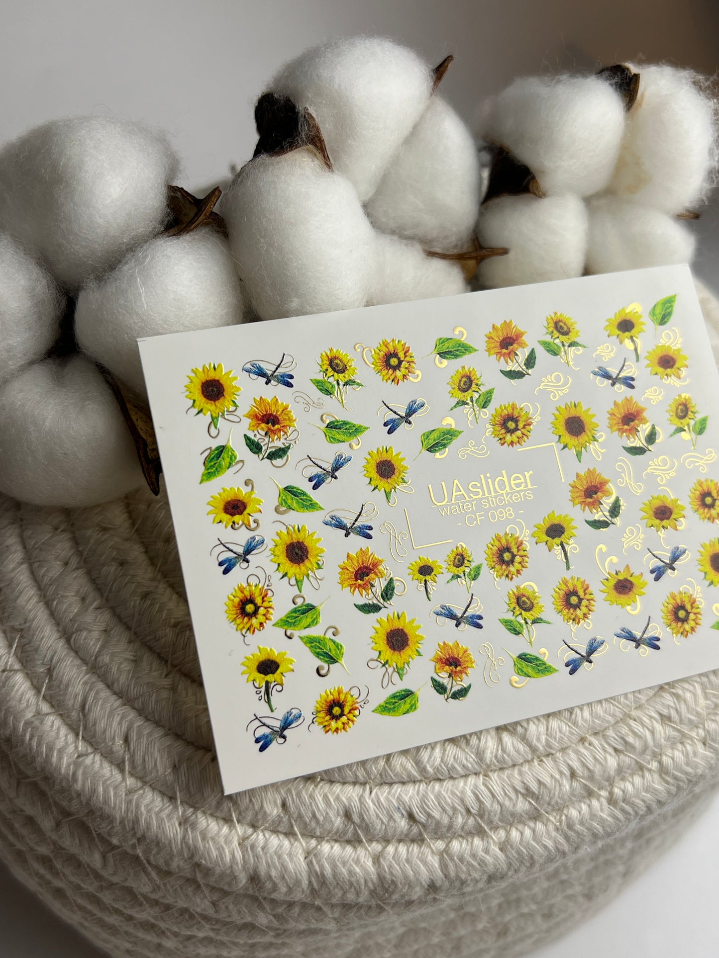 Nail Water Decal CF-098 | Sunflower Nail Stickers with Dragonflies | Yellow Floral Water Slide Decals with Gold Foil