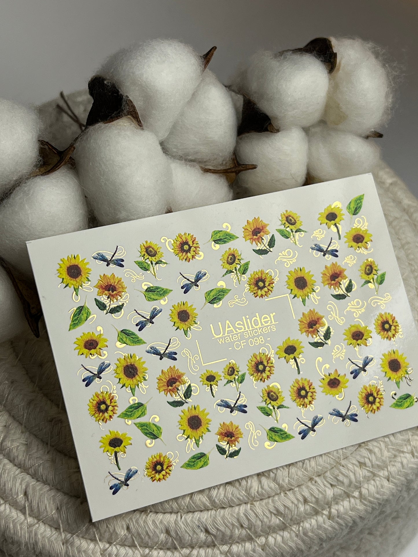 Nail Water Decal CF-098 | Sunflower Nail Stickers with Dragonflies | Yellow Floral Water Slide Decals with Gold Foil