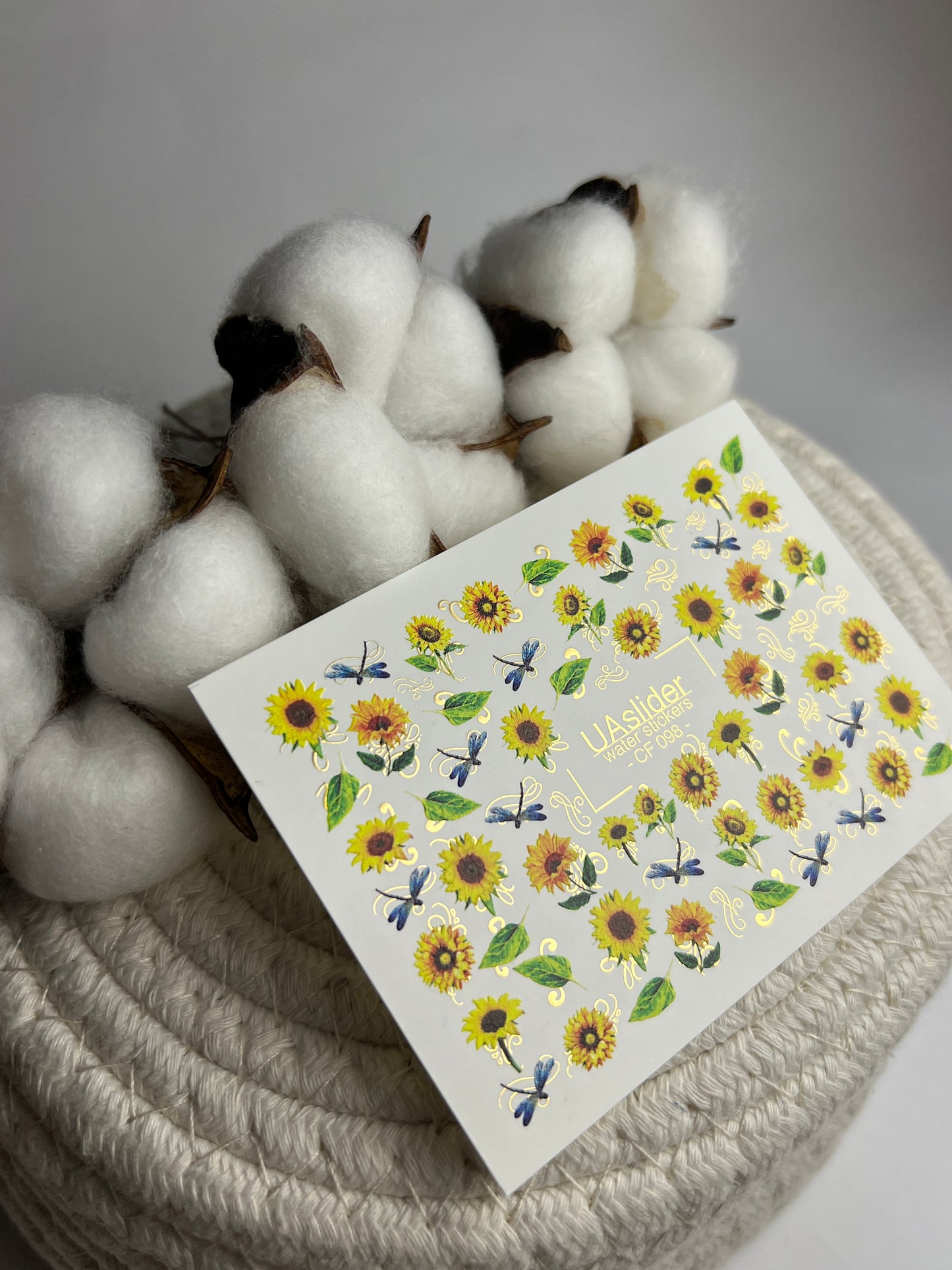 Nail Water Decal CF-098 | Sunflower Nail Stickers with Dragonflies | Yellow Floral Water Slide Decals with Gold Foil