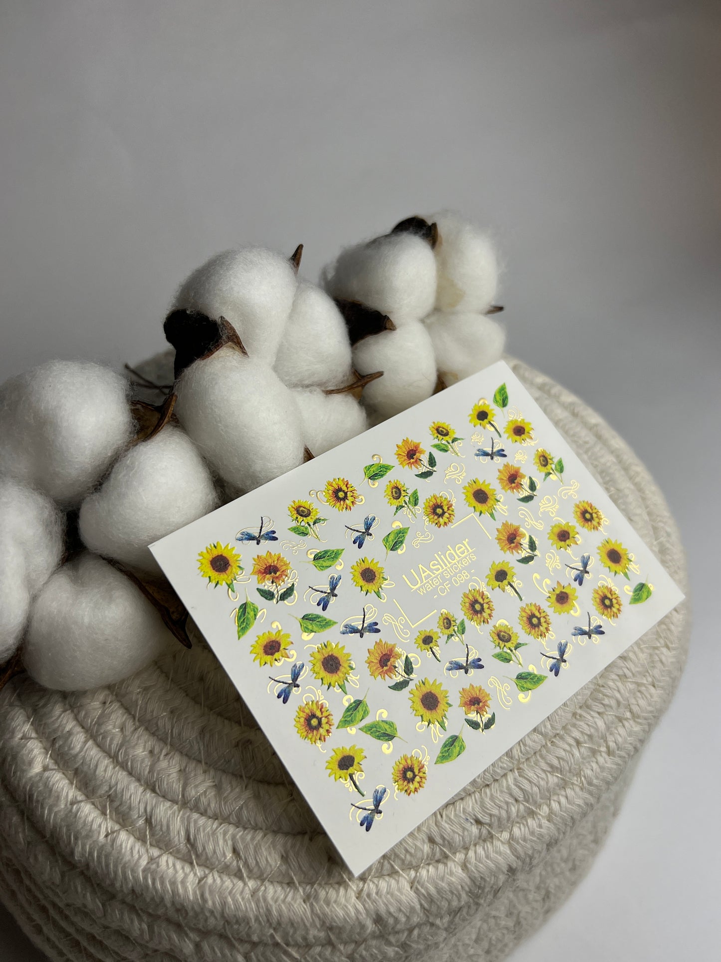 Nail Water Decal CF-098 | Sunflower Nail Stickers with Dragonflies | Yellow Floral Water Slide Decals with Gold Foil