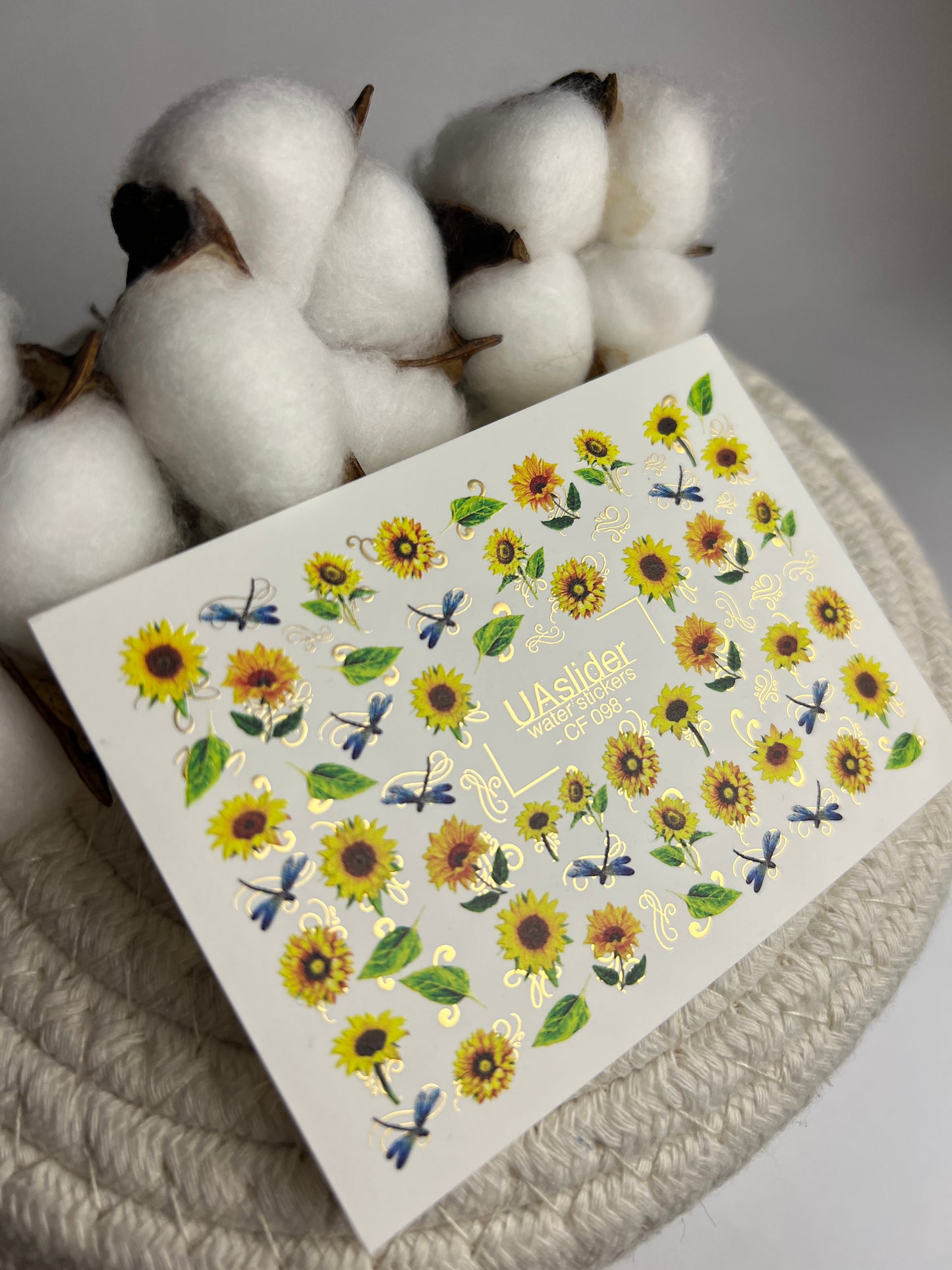 Nail Water Decal CF-098 | Sunflower Nail Stickers with Dragonflies | Yellow Floral Water Slide Decals with Gold Foil