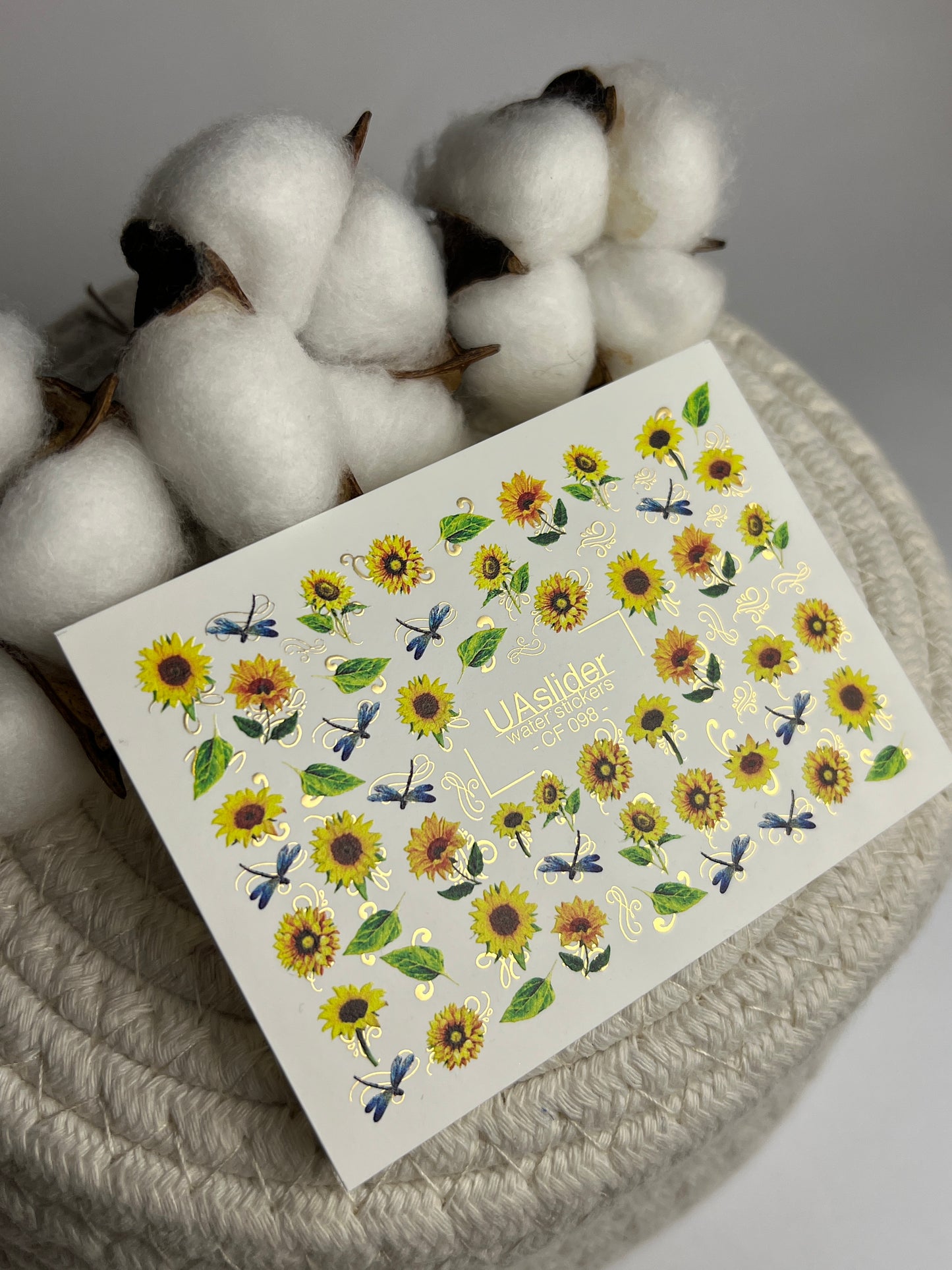 Nail Water Decal CF-098 | Sunflower Nail Stickers with Dragonflies | Yellow Floral Water Slide Decals with Gold Foil