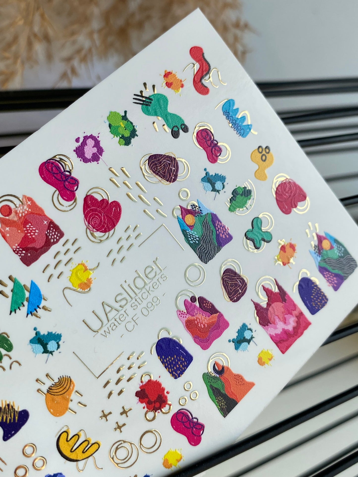 Nail Water Decal CF-099 | Abstract Nail Stickers with Colorful Shapes | Modern Water Slide Decals with Gold Foil