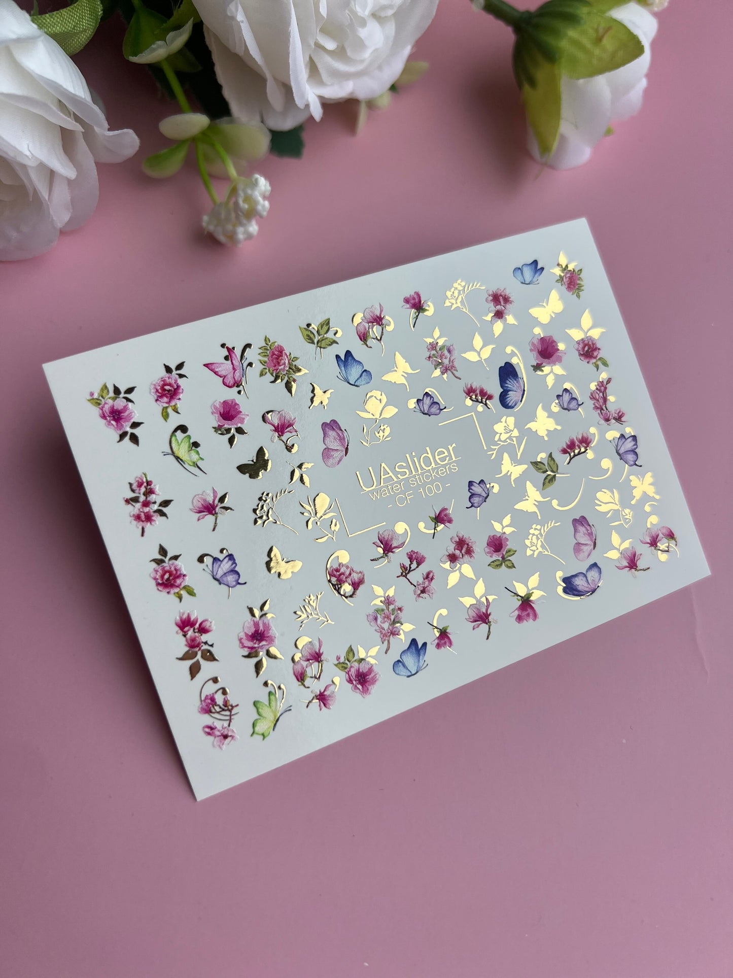 Nagel-Wasserabziehbild CF-100 | Florale Wasserfolien-Nagelabziehbilder | Rosa Blüten & Schmetterlinge mit goldenen Akzenten