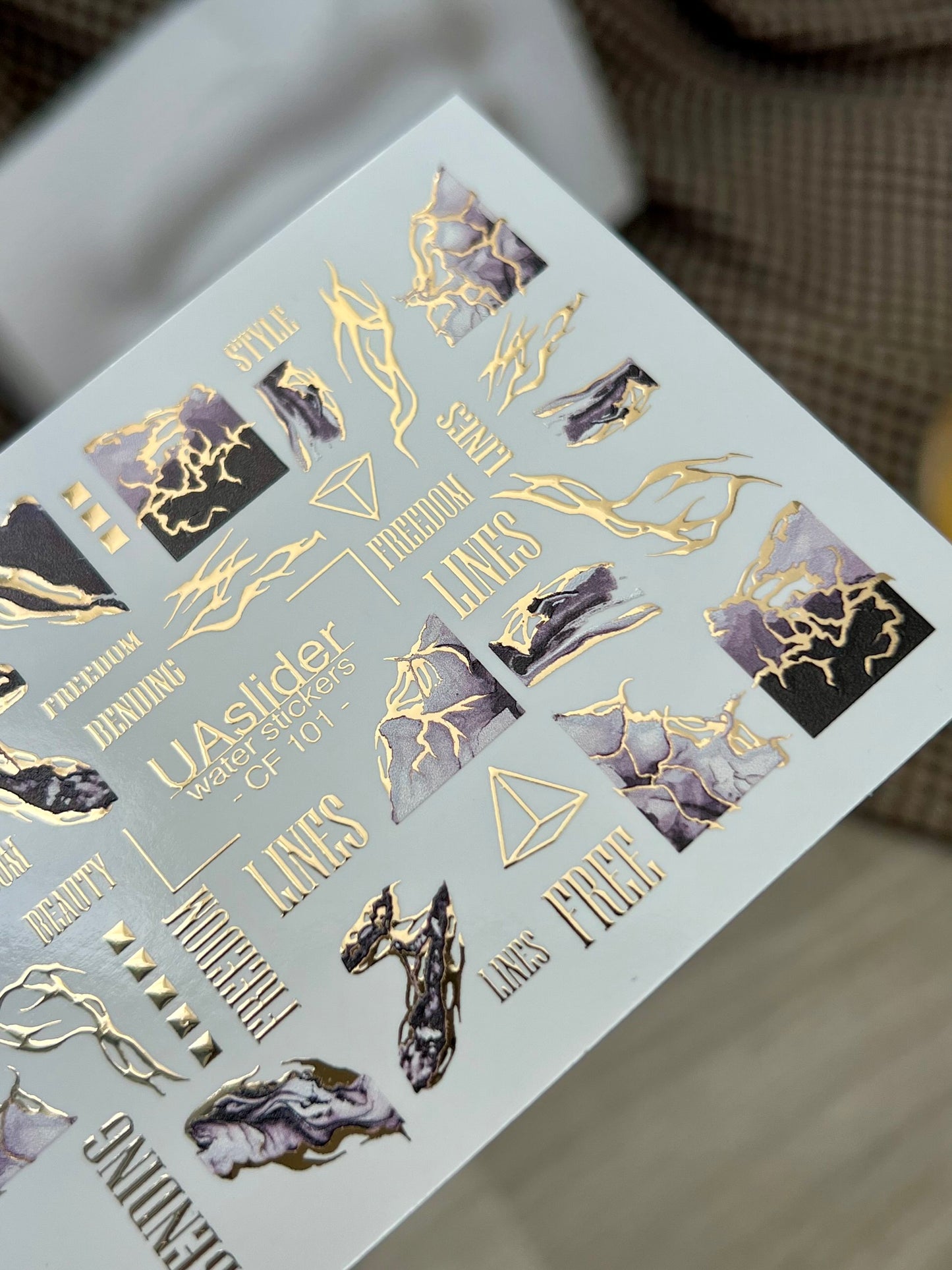 Nail Water Decal CF-101 | Marble Nail Stickers with Gold Lines | Abstract Water Slide Decals