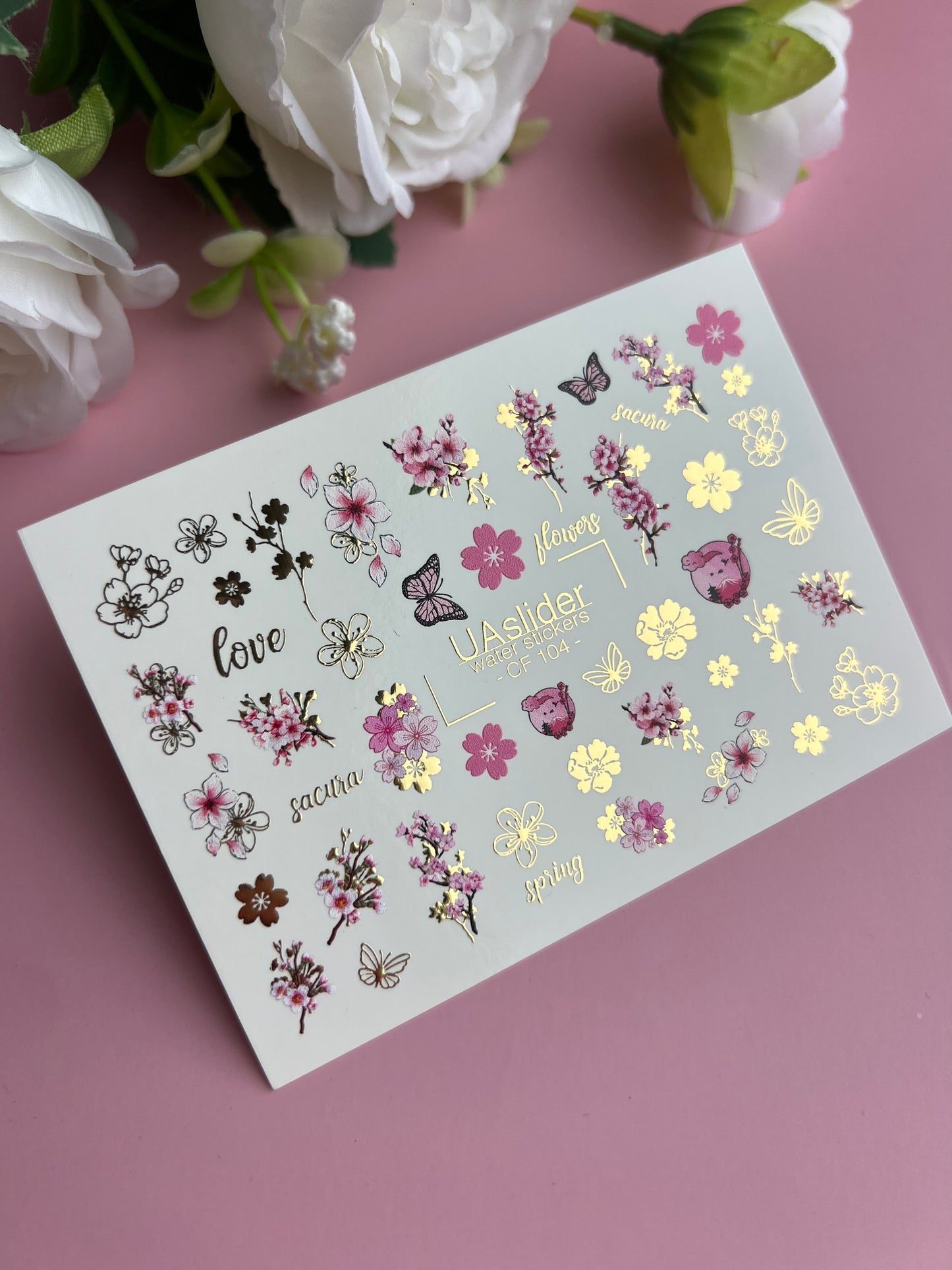 Nail Water Decal CF-104 | Sakura Blossom Nail Stickers | Cherry Flower & Butterfly Water Slide Decals