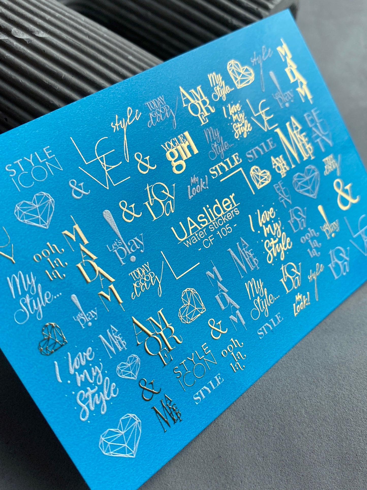 Nail Water Decal CF-105 | Minimalist Lettering Nail Stickers | Gold & White Typography Water Decals
