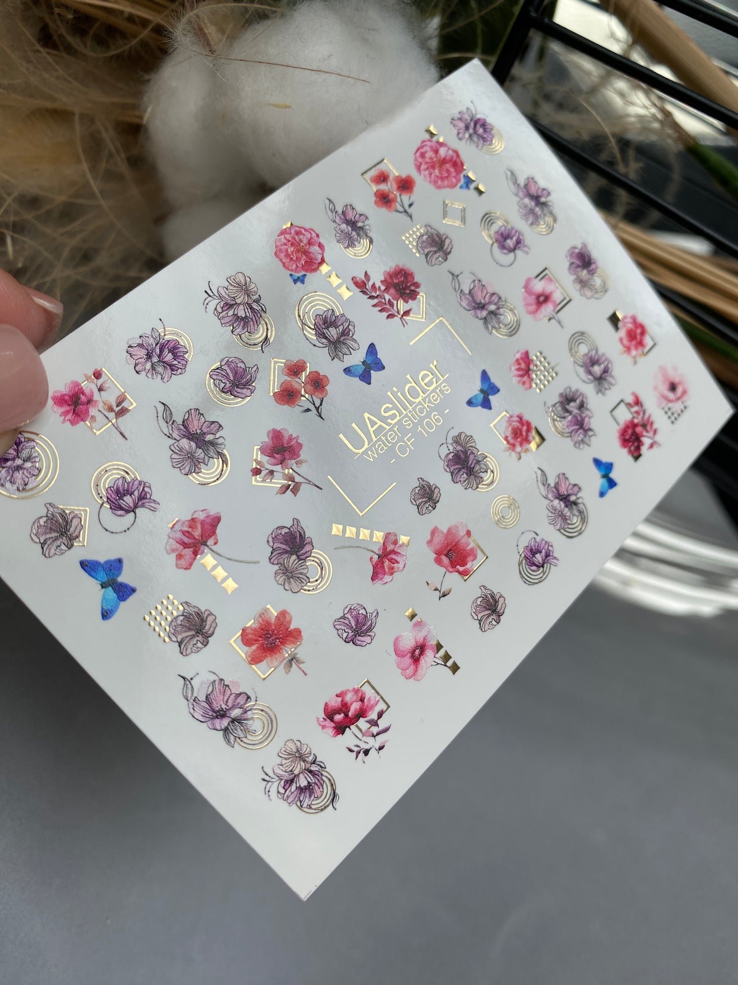 Nail Water Decal CF-106 | Floral Nail Stickers | Pink & Purple Flowers with Geometric Gold Accents and Butterflies