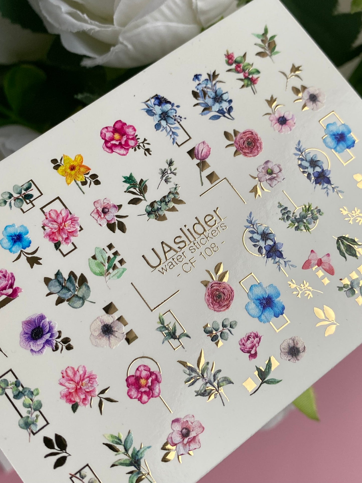 Nagel-Wasserabziehbild CF-108 | Florale Wasser-Schiebefolien für Nägel | Bunte Blumen, Grünpflanzen & Goldrahmen