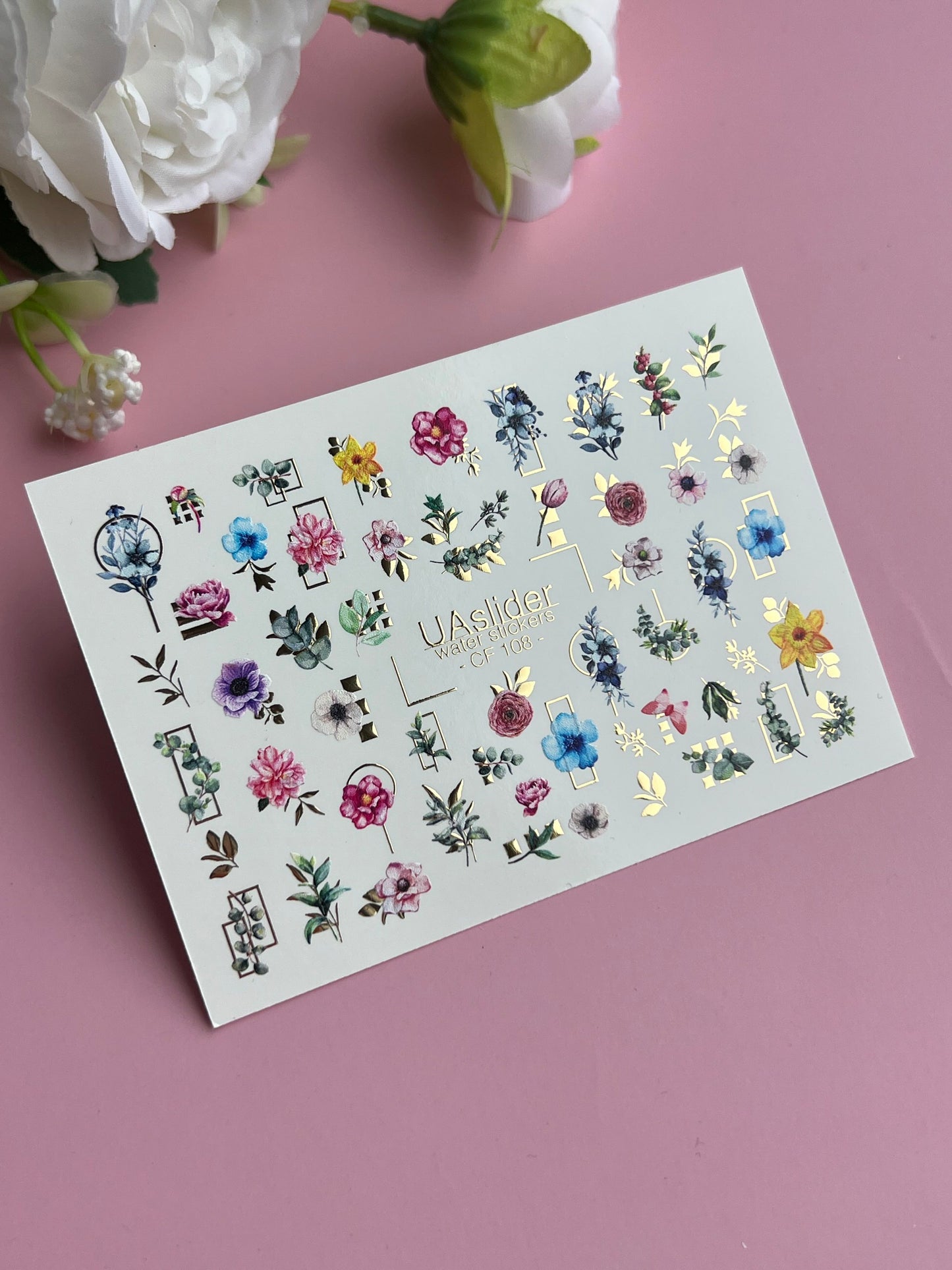 Nagel-Wasserabziehbild CF-108 | Florale Wasser-Schiebefolien für Nägel | Bunte Blumen, Grünpflanzen & Goldrahmen
