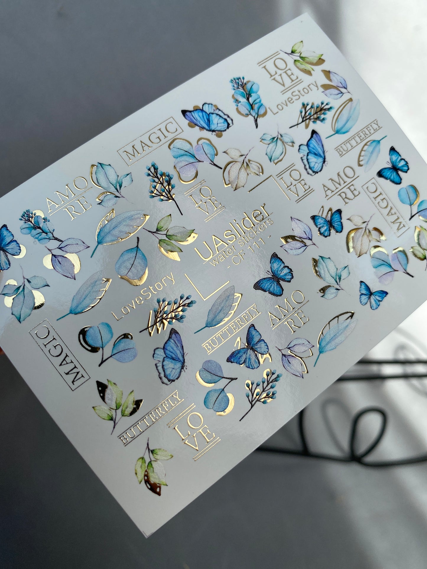 Nagel Wasserabziehbild CF-111 | Schmetterling Wasserfolien Nagelabziehbilder | Blaue Schmetterlinge, Blätter & Liebesbeschriftung