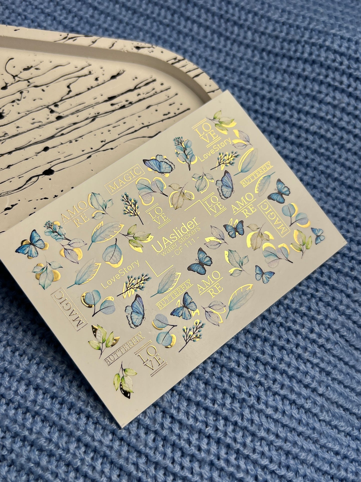 Nagel Wasserabziehbild CF-111 | Schmetterling Wasserfolien Nagelabziehbilder | Blaue Schmetterlinge, Blätter & Liebesbeschriftung
