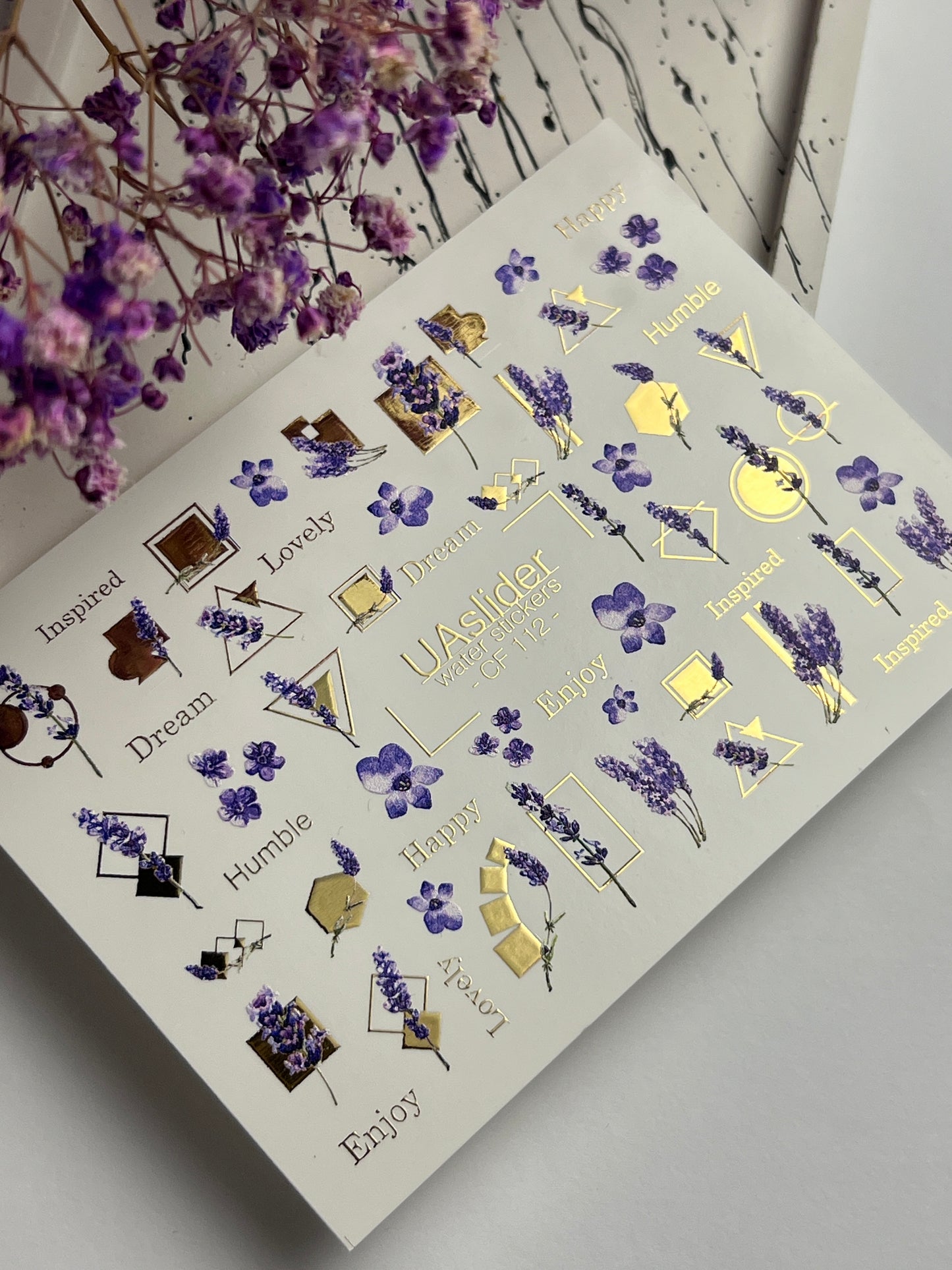 Nagel Wasserabziehbild CF-112 | Florale Wasserfolien Nagelabziehbilder | Lavendelzweige, Lila Blumen & Goldene Geometrie