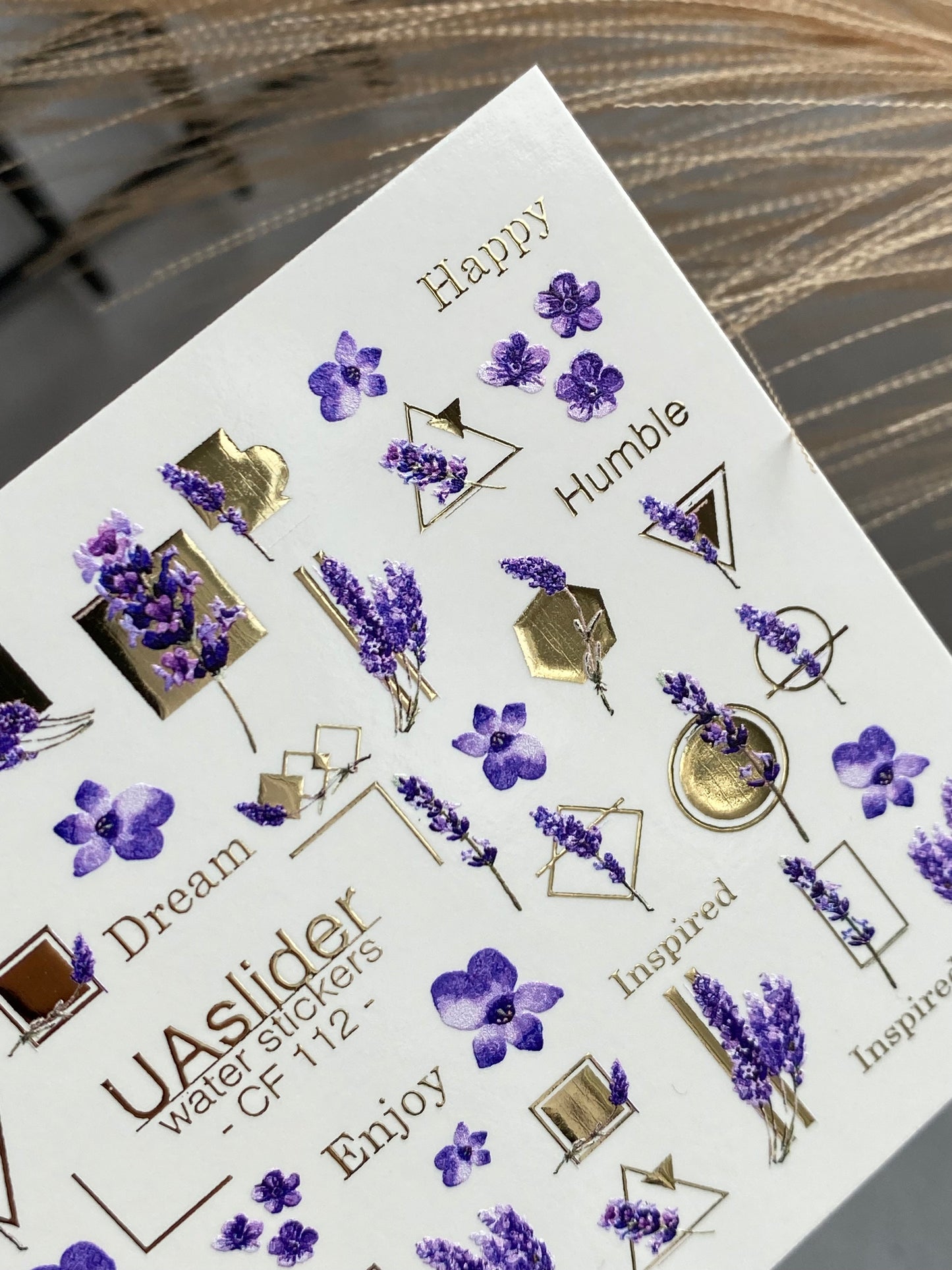 Nagel Wasserabziehbild CF-112 | Florale Wasserfolien Nagelabziehbilder | Lavendelzweige, Lila Blumen & Goldene Geometrie