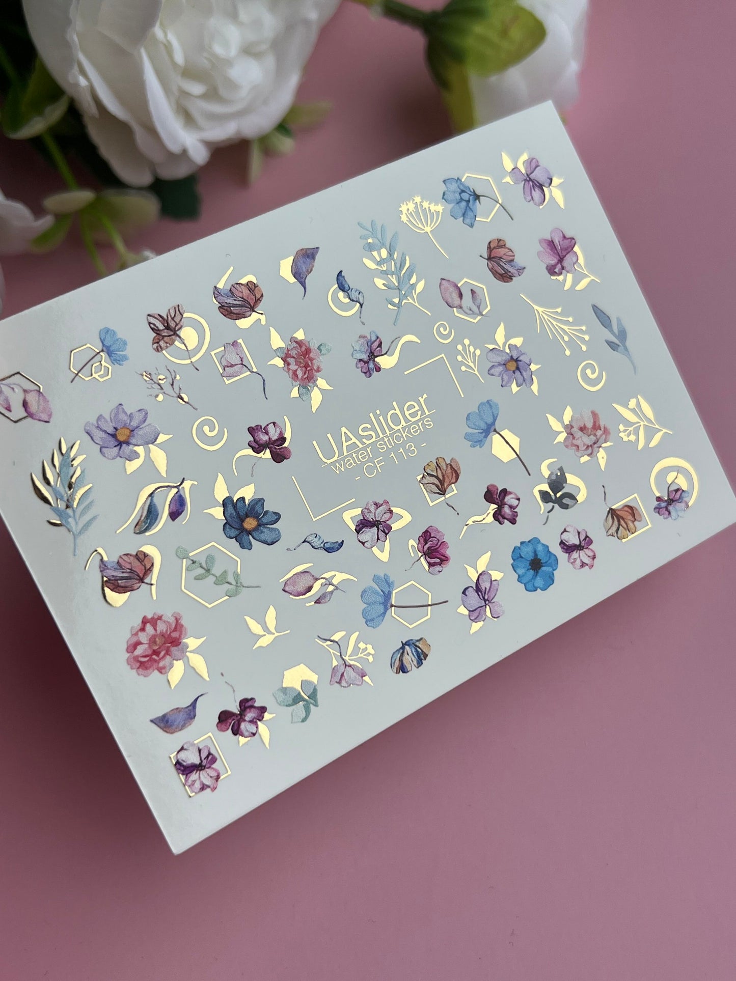 Nagel Wasserabziehbild CF-113 | Florale Wasserfolien Nagelabziehbilder | Aquarell Blumen, Blätter & Goldene Geometrie