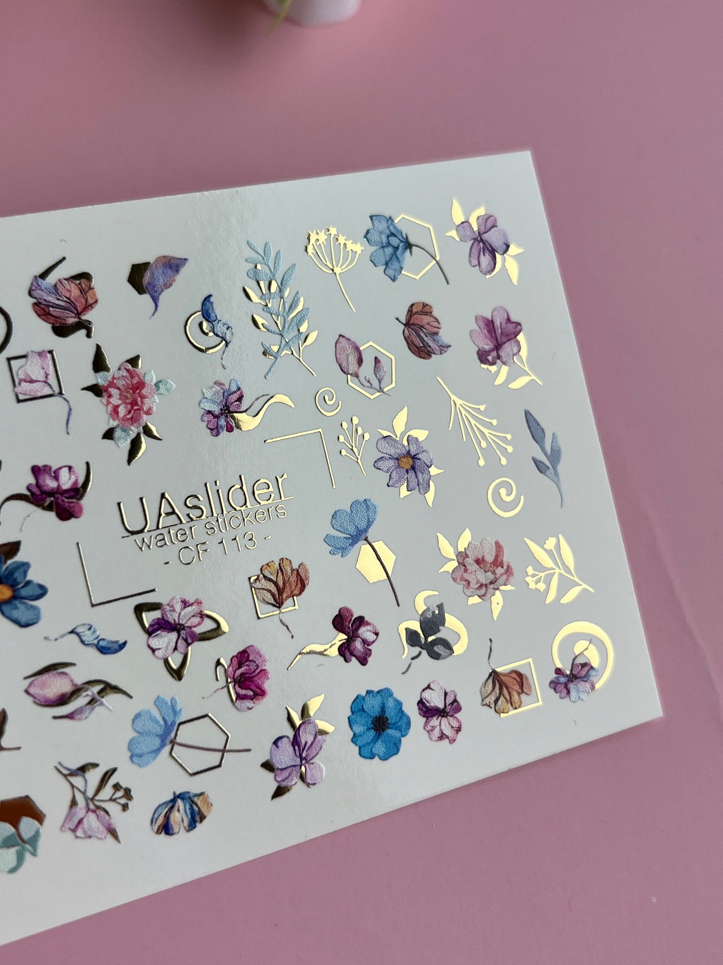 Nagel Wasserabziehbild CF-113 | Florale Wasserfolien Nagelabziehbilder | Aquarell Blumen, Blätter & Goldene Geometrie