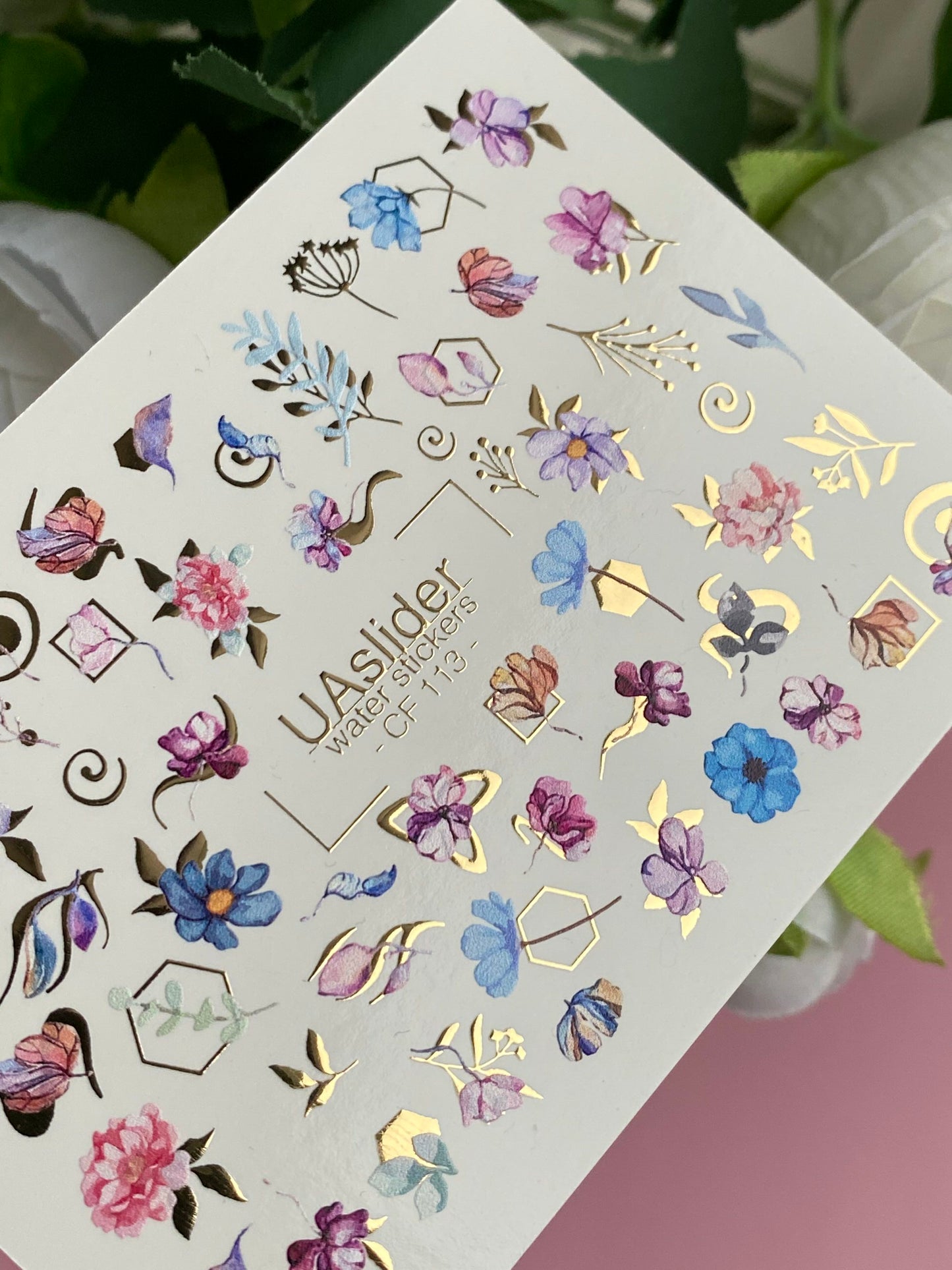Nagel Wasserabziehbild CF-113 | Florale Wasserfolien Nagelabziehbilder | Aquarell Blumen, Blätter & Goldene Geometrie