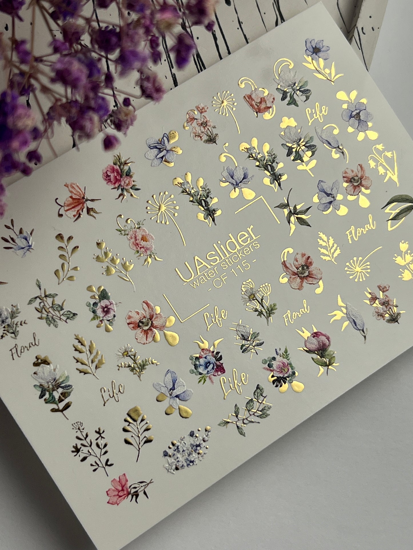 Nagel Wasserabziehbild CF-115 | Florale Wasser-Schiebefolien für Nägel | Bunte Blumen, Grünpflanzen & goldene botanische Akzente