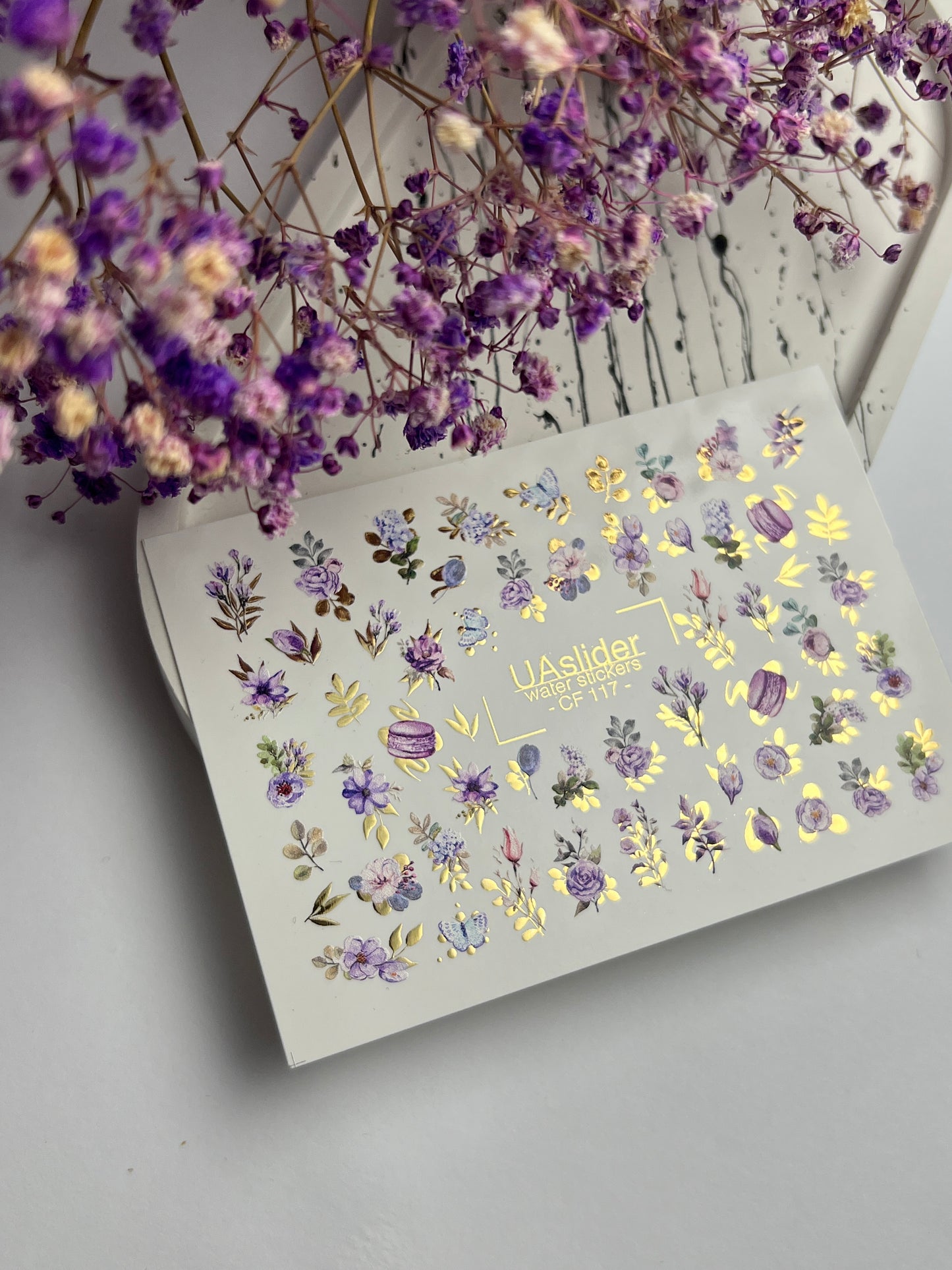 Nagel Wasserabziehbild CF-117 | Florale Wasser-Schiebefolien Nagelabziehbilder | Lila Blumen, Schmetterlinge & Macarons