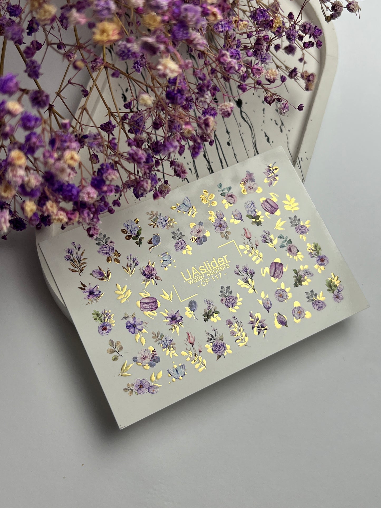 Nagel Wasserabziehbild CF-117 | Florale Wasser-Schiebefolien Nagelabziehbilder | Lila Blumen, Schmetterlinge & Macarons