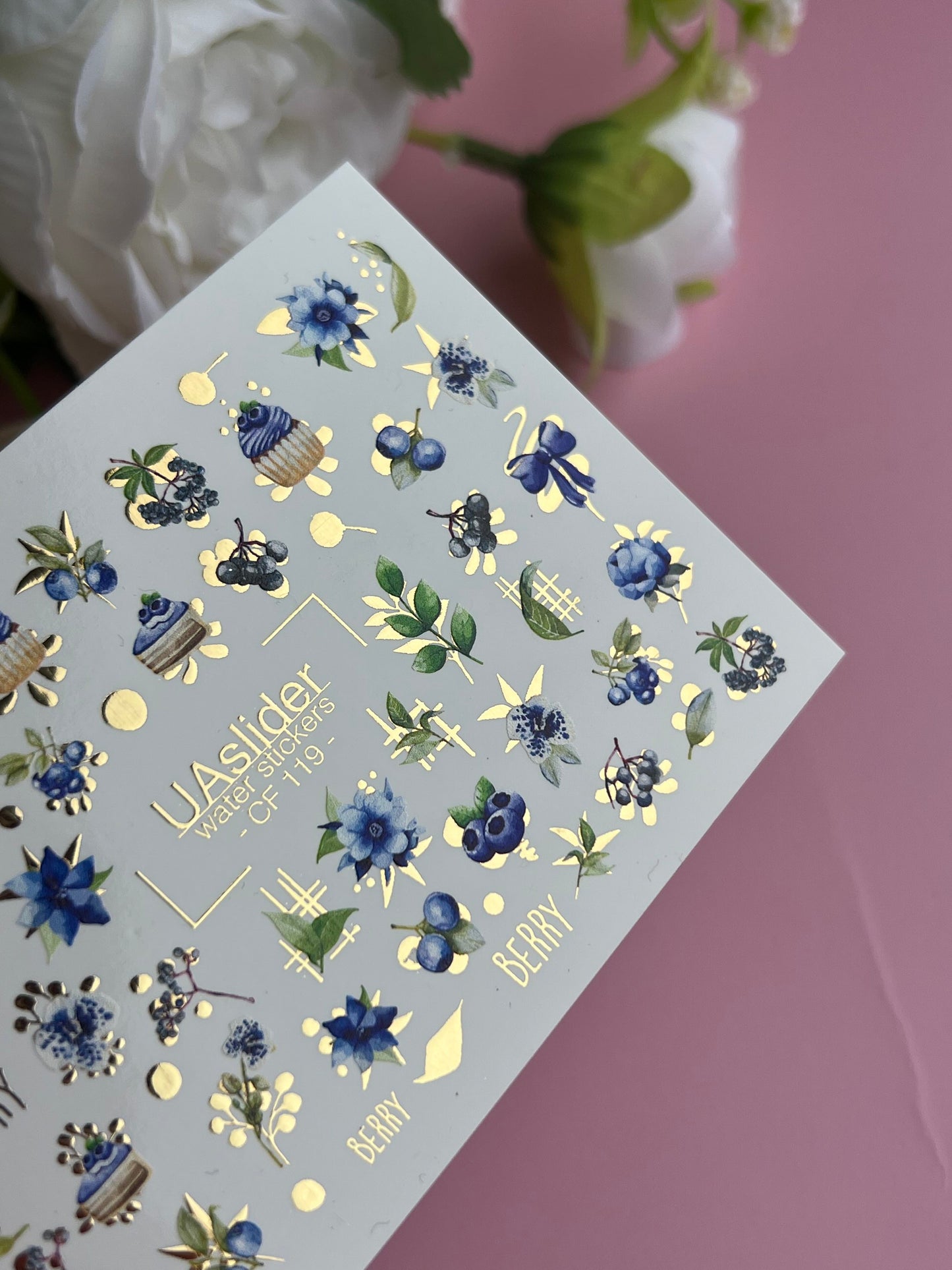 Nagel Wasserabziehbild CF-119 | Beeren Wasserfolien Nagelabziehbilder | Blaubeeren, Blumen & Süße Cupcakes