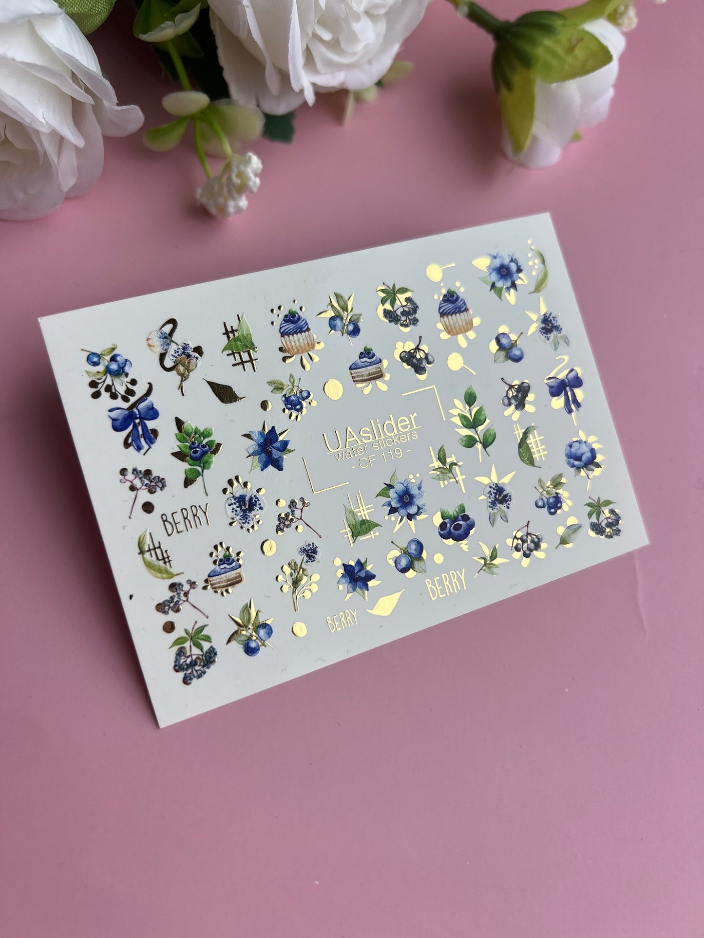Nagel Wasserabziehbild CF-119 | Beeren Wasserfolien Nagelabziehbilder | Blaubeeren, Blumen & Süße Cupcakes