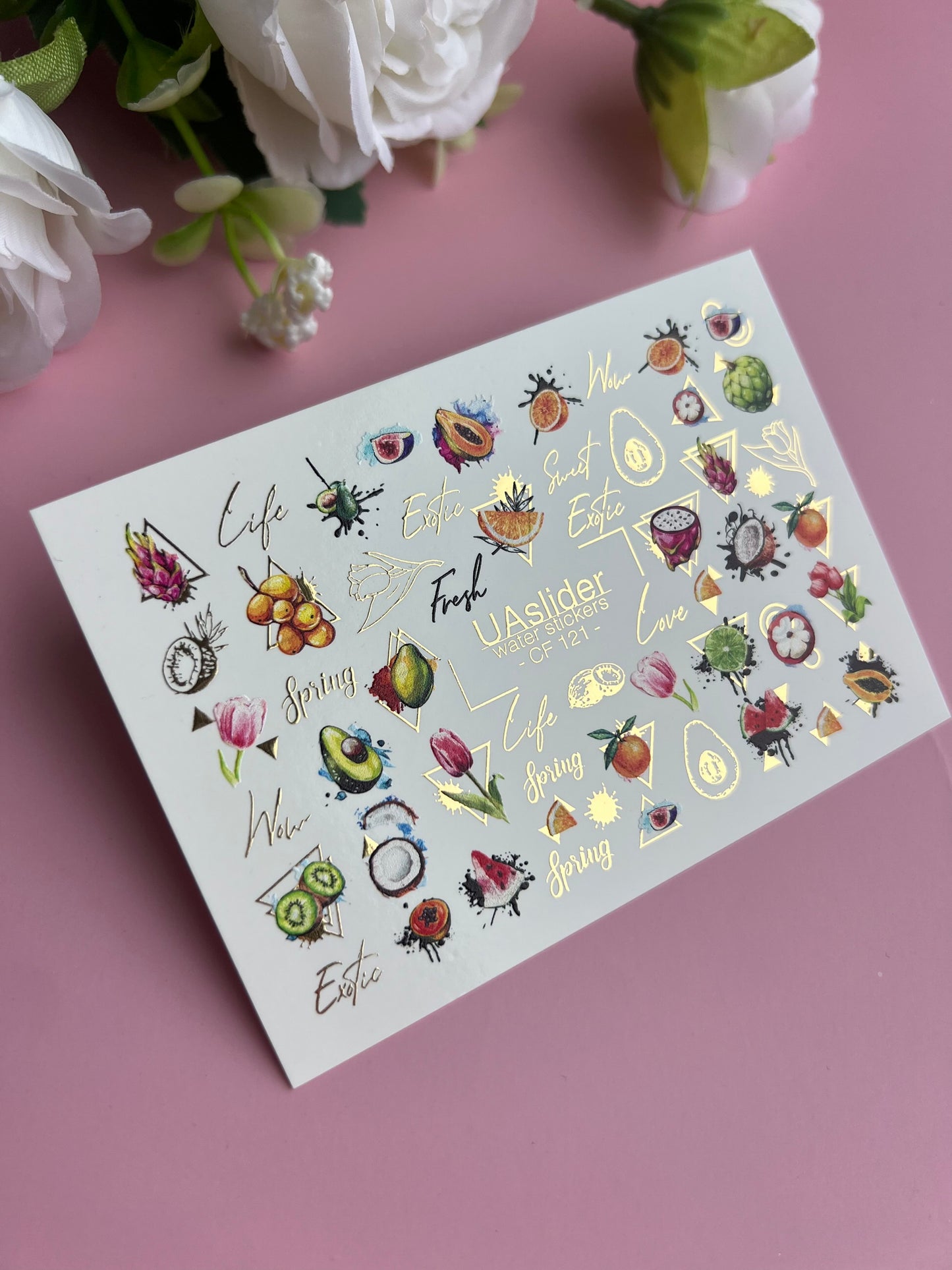Nagel-Wasserabziehbild CF-121 | Exotische Frucht Wasser-Schiebefolien Nagelabziehbilder | Avocado, Drachenfrucht, Kiwi & Tropische Designs