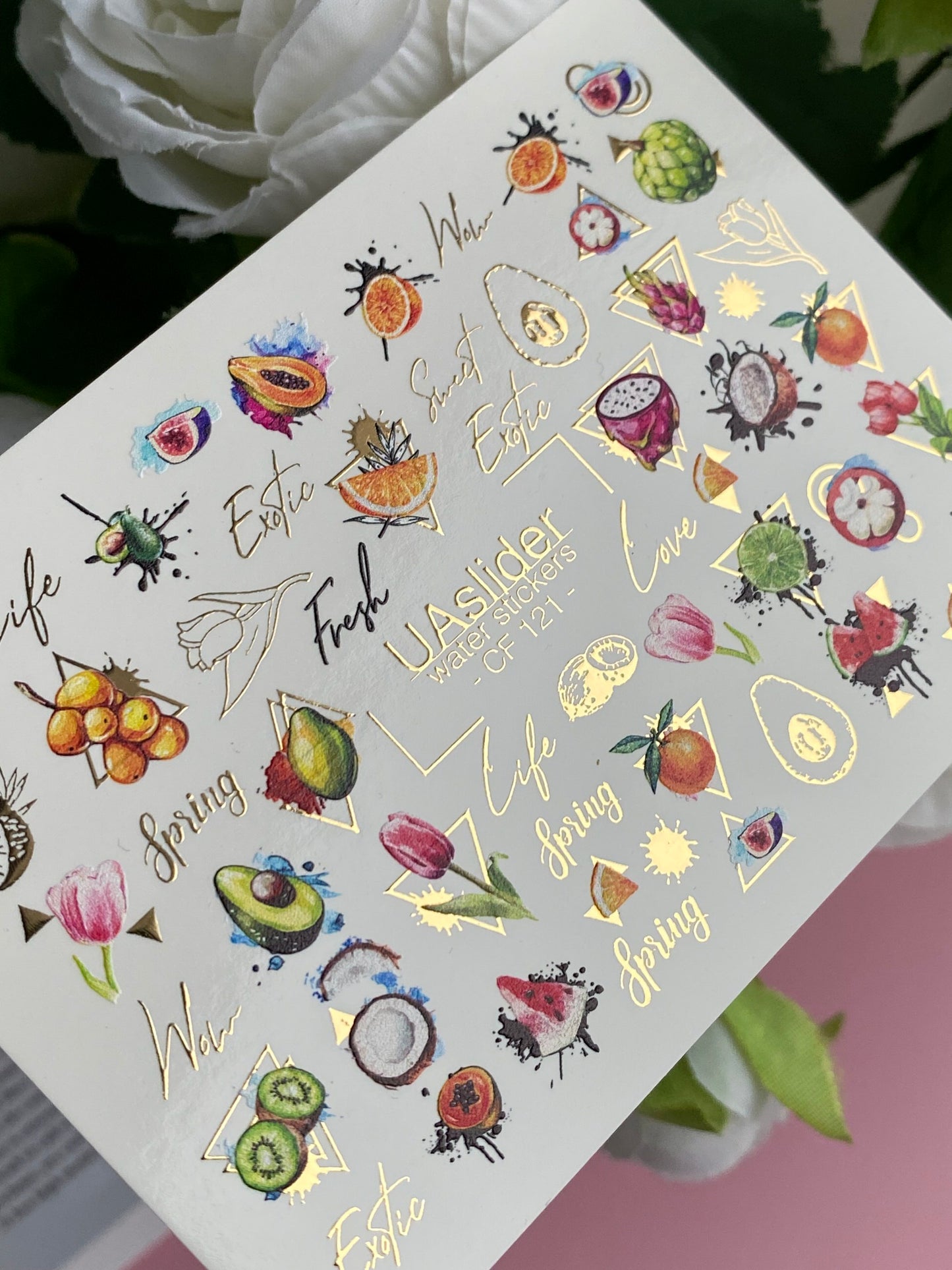 Nagel-Wasserabziehbild CF-121 | Exotische Frucht Wasser-Schiebefolien Nagelabziehbilder | Avocado, Drachenfrucht, Kiwi & Tropische Designs