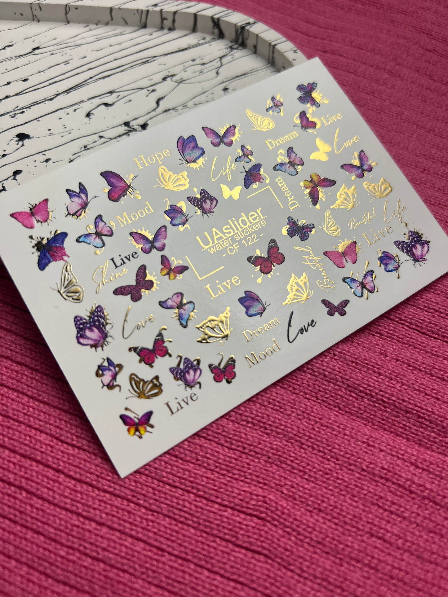 Nagel Wasserabziehbild CF-122 | Schmetterling Nagel Wasserabziehbilder | Rosa & Lila Schmetterlinge mit Goldakzenten