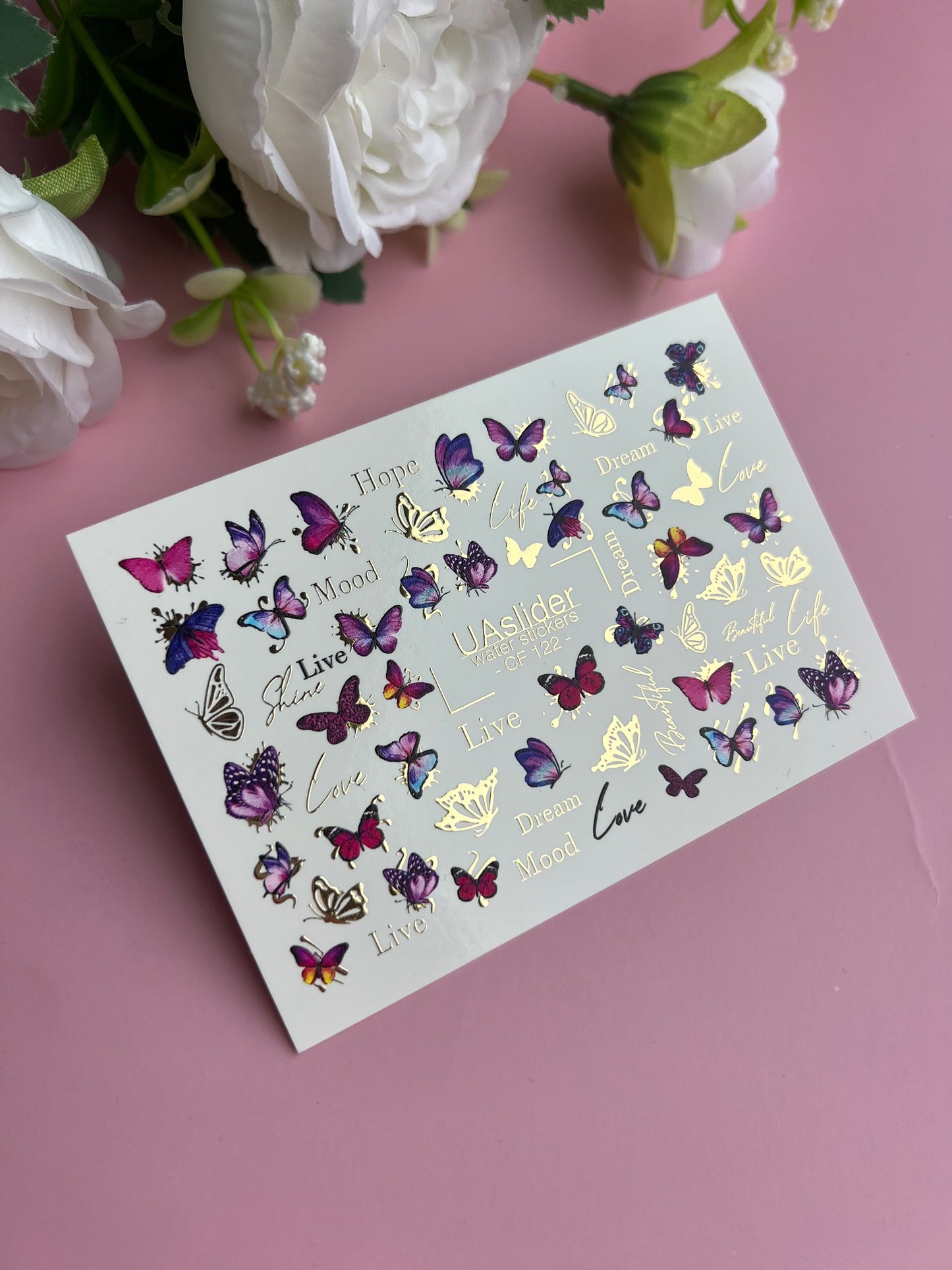 Nagel Wasserabziehbild CF-122 | Schmetterling Nagel Wasserabziehbilder | Rosa & Lila Schmetterlinge mit Goldakzenten