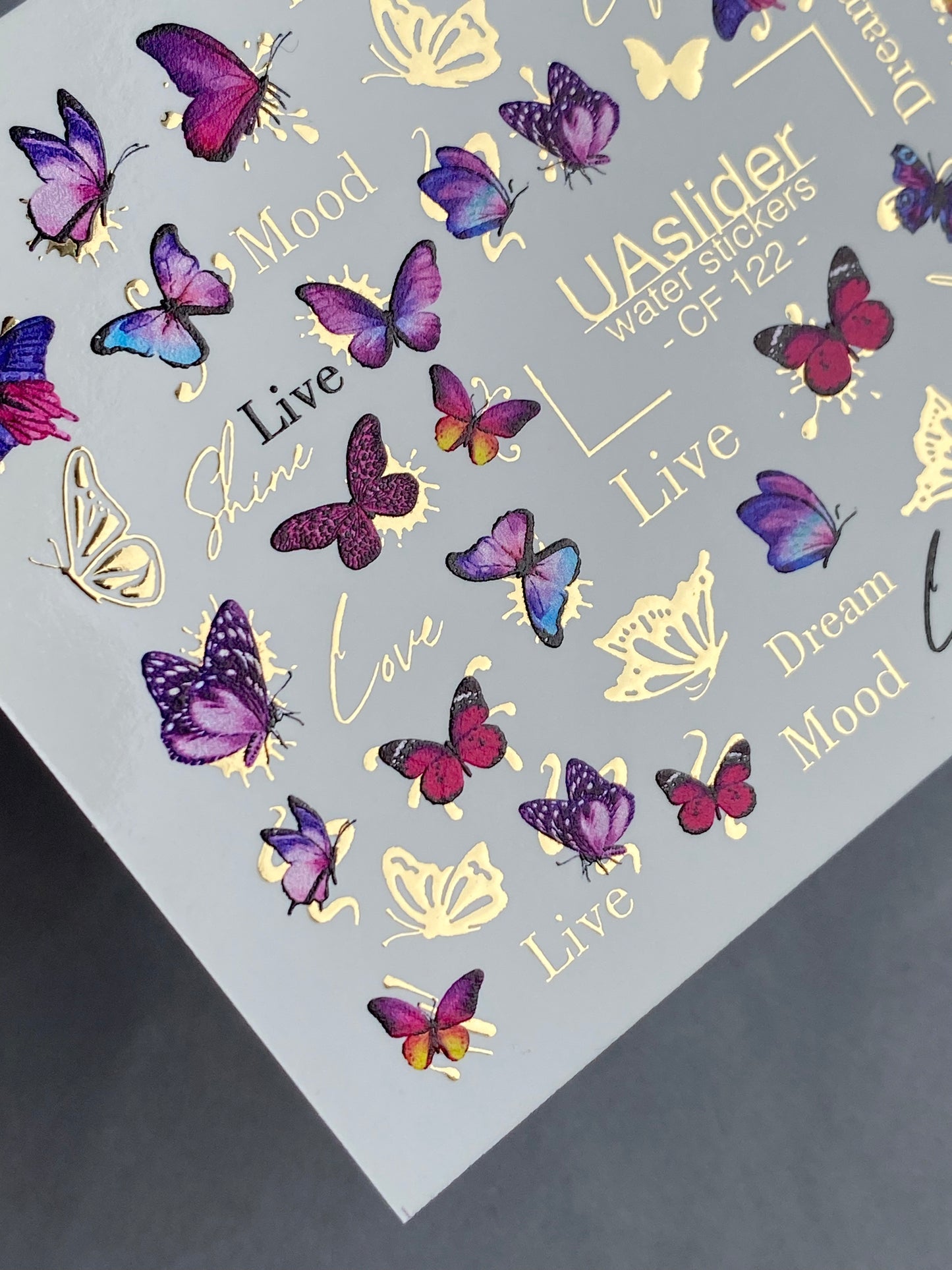 Nagel Wasserabziehbild CF-122 | Schmetterling Nagel Wasserabziehbilder | Rosa & Lila Schmetterlinge mit Goldakzenten