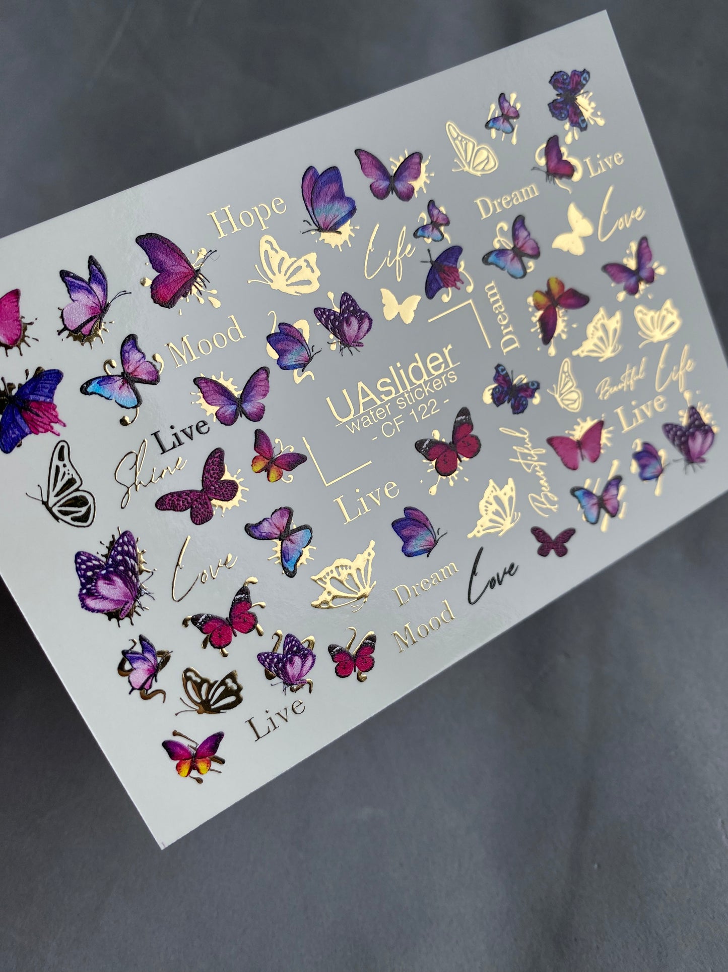 Nagel Wasserabziehbild CF-122 | Schmetterling Nagel Wasserabziehbilder | Rosa & Lila Schmetterlinge mit Goldakzenten