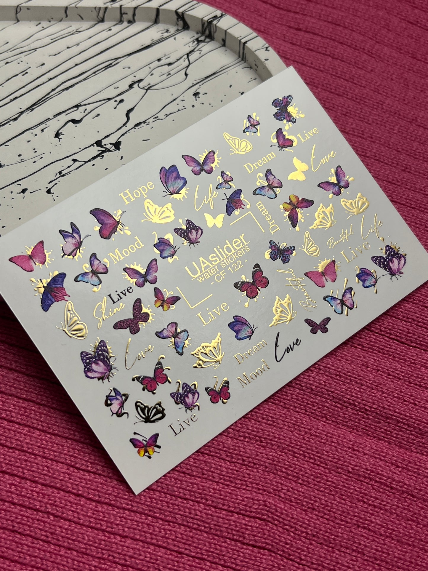 Nagel Wasserabziehbild CF-122 | Schmetterling Nagel Wasserabziehbilder | Rosa & Lila Schmetterlinge mit Goldakzenten