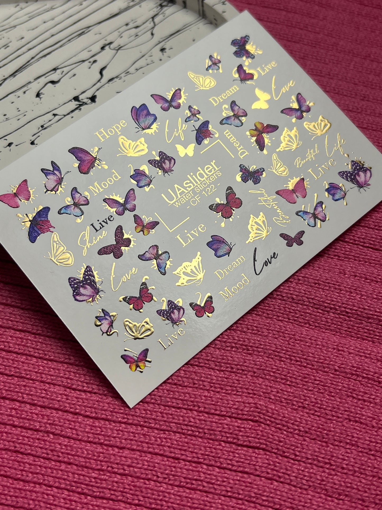 Nagel Wasserabziehbild CF-122 | Schmetterling Nagel Wasserabziehbilder | Rosa & Lila Schmetterlinge mit Goldakzenten
