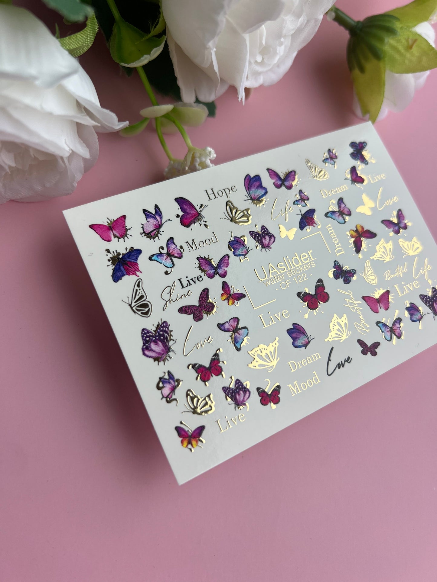 Nagel Wasserabziehbild CF-122 | Schmetterling Nagel Wasserabziehbilder | Rosa & Lila Schmetterlinge mit Goldakzenten