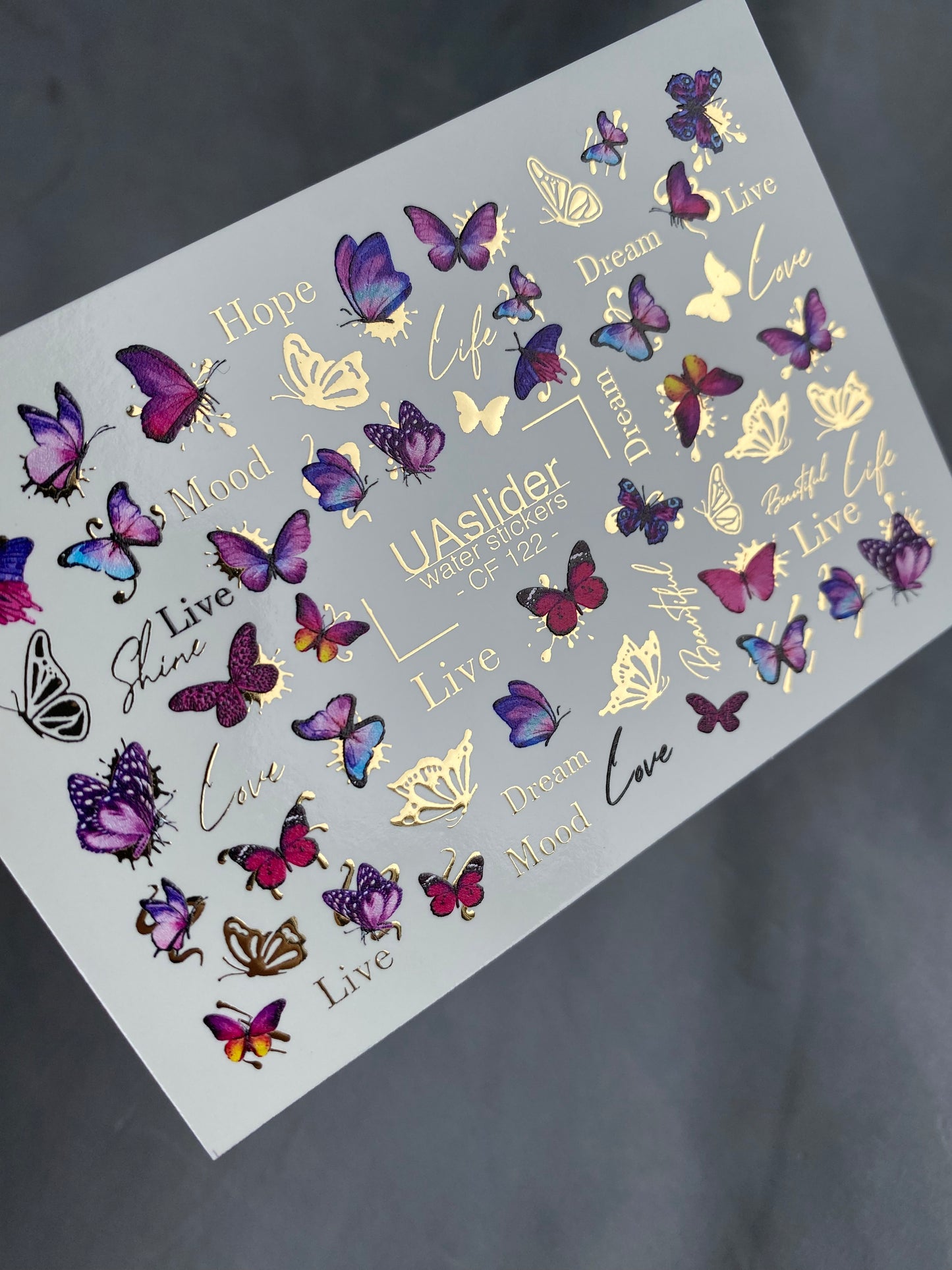 Nagel Wasserabziehbild CF-122 | Schmetterling Nagel Wasserabziehbilder | Rosa & Lila Schmetterlinge mit Goldakzenten
