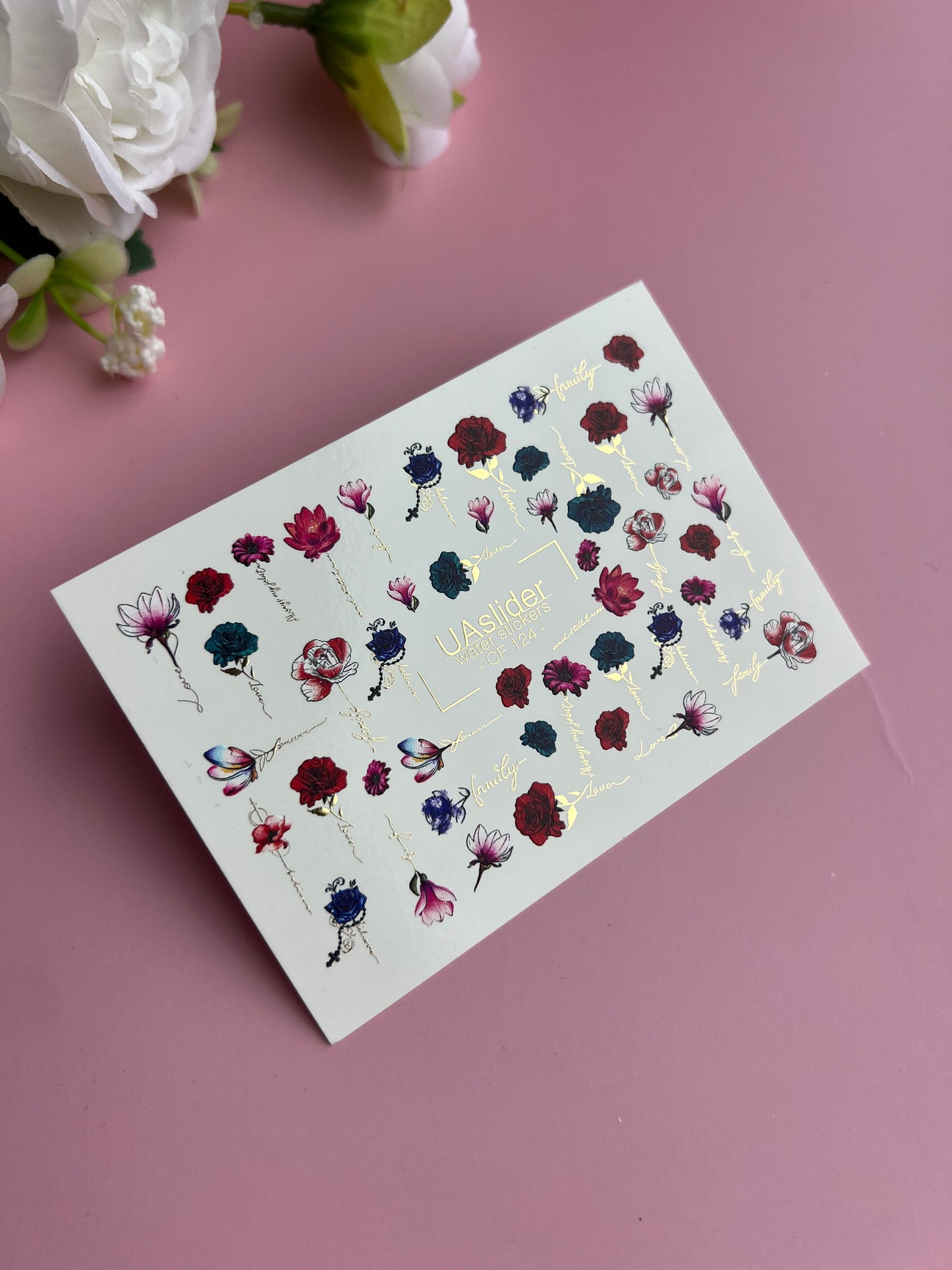 Nagel Wasserabziehbild CF-124 | Florale Nagel Wasserabziehbilder | Rosen, Pfingstrosen & Magnolien mit Liebe- & Familienzitaten