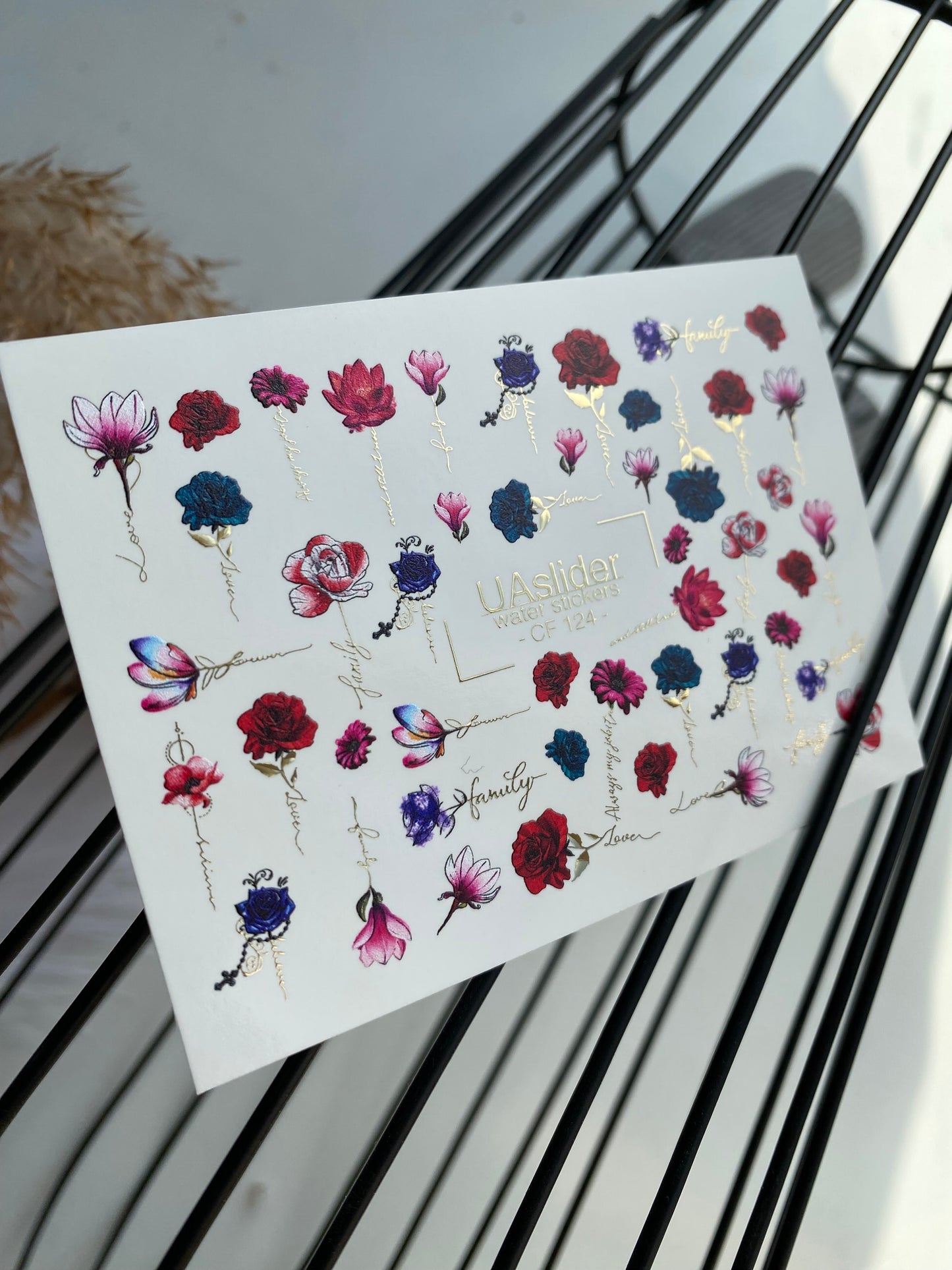 Nagel Wasserabziehbild CF-124 | Florale Nagel Wasserabziehbilder | Rosen, Pfingstrosen & Magnolien mit Liebe- & Familienzitaten