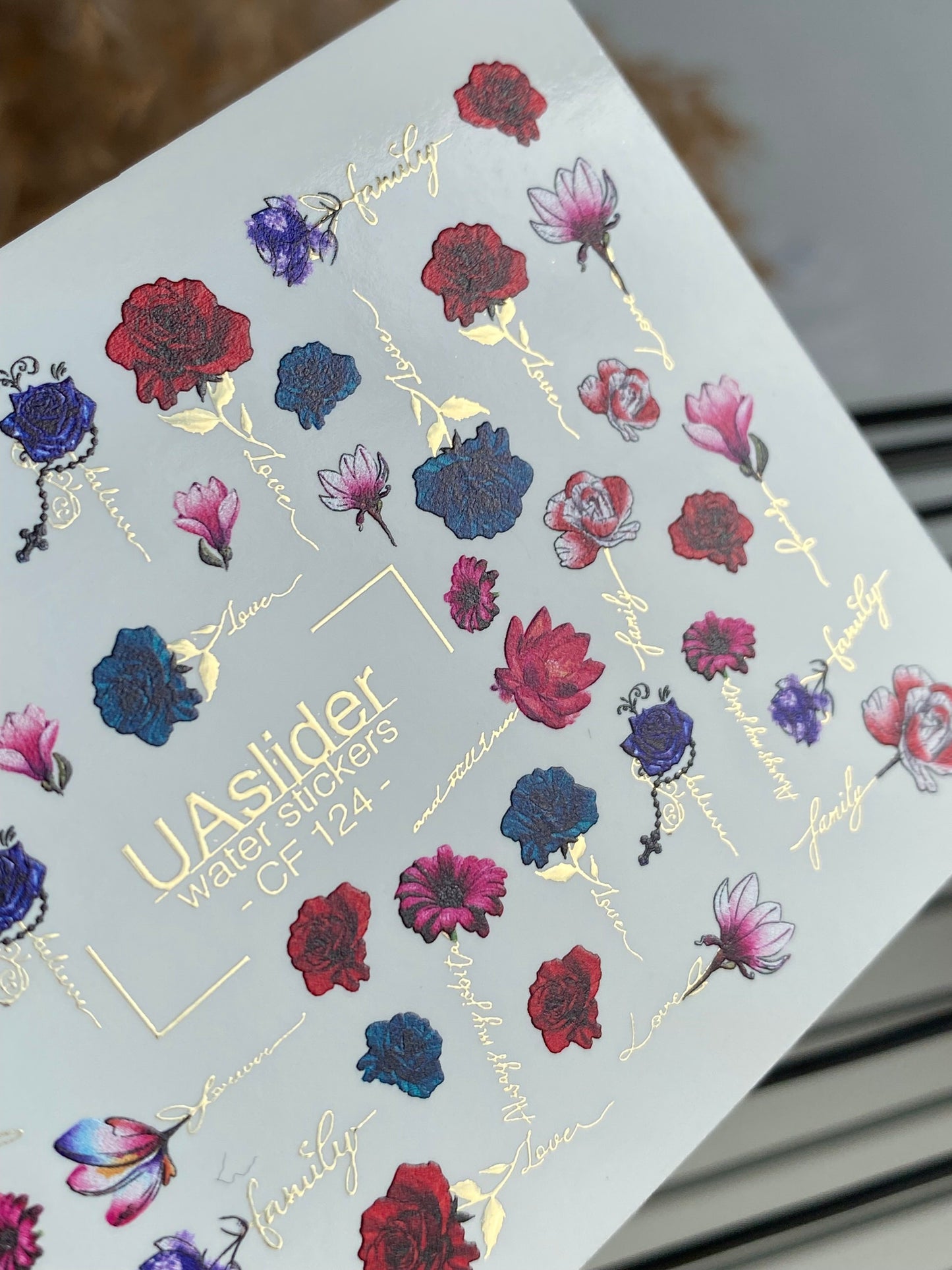 Nagel Wasserabziehbild CF-124 | Florale Nagel Wasserabziehbilder | Rosen, Pfingstrosen & Magnolien mit Liebe- & Familienzitaten