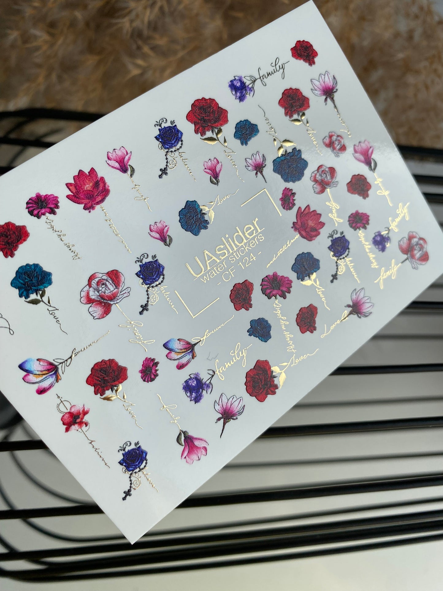 Nagel Wasserabziehbild CF-124 | Florale Nagel Wasserabziehbilder | Rosen, Pfingstrosen & Magnolien mit Liebe- & Familienzitaten