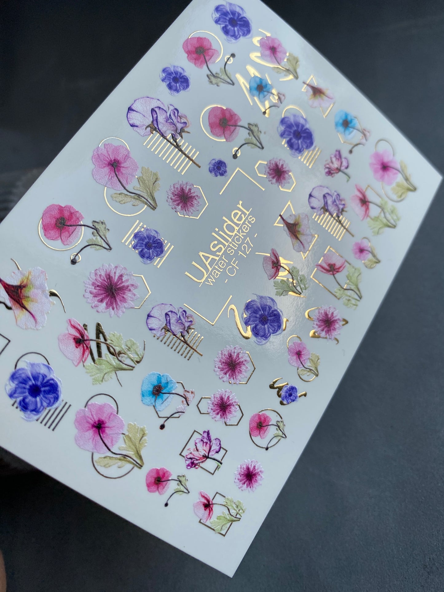 Nagel Wasserabziehbild CF-127 | Florale Nagel Wasserabziehbilder | Rosa, Blaue & Lila Blumen mit Geometrischen Goldakzenten