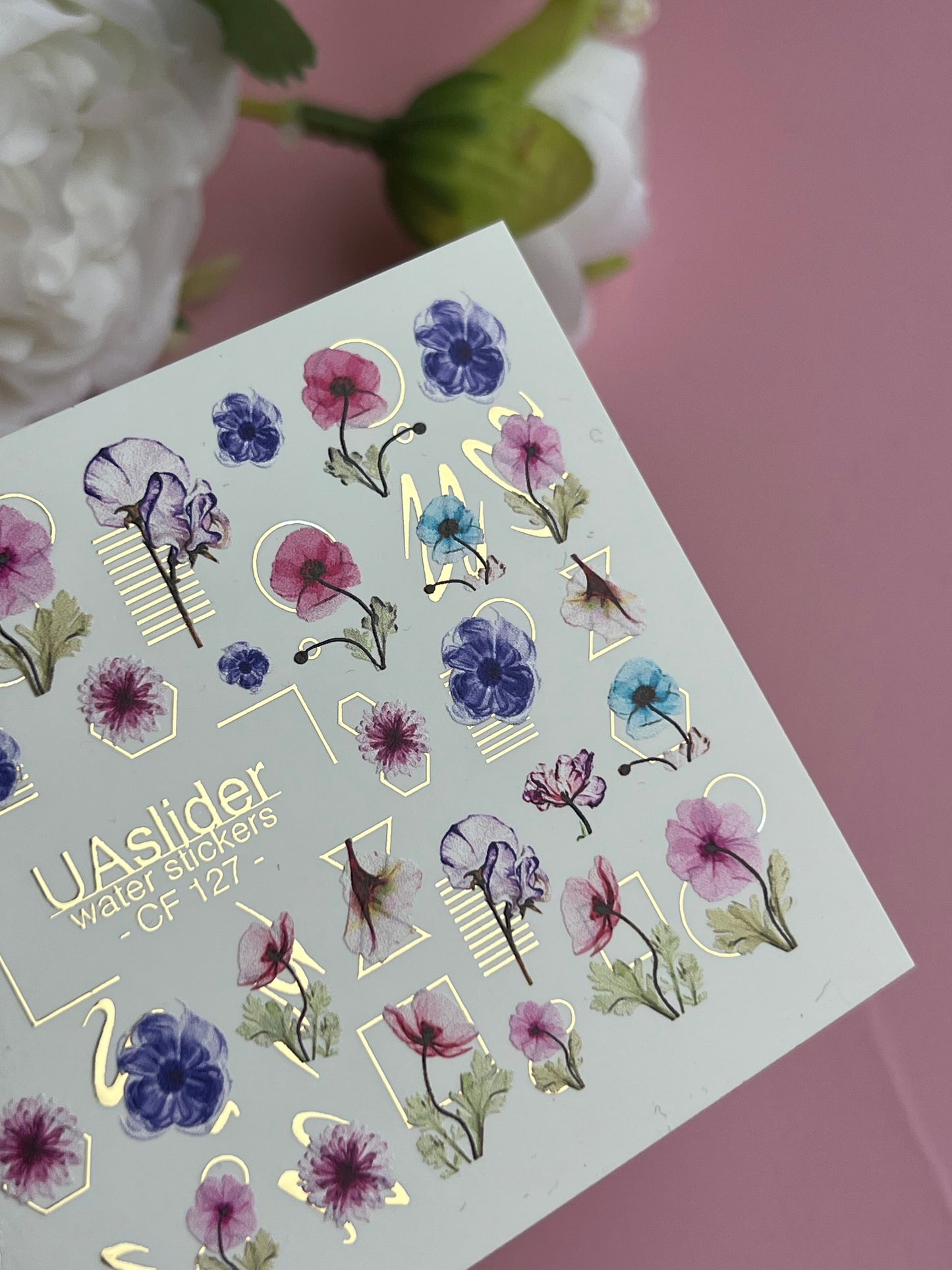 Nagel Wasserabziehbild CF-127 | Florale Nagel Wasserabziehbilder | Rosa, Blaue & Lila Blumen mit Geometrischen Goldakzenten